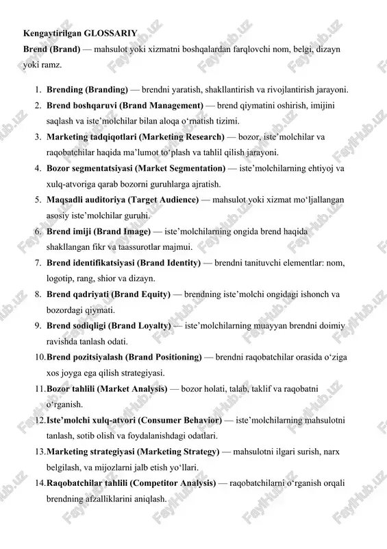 rganish orqali brendning afzalliklarini aniqlash. 15. bozor tadqiqoti (market research) — mahsulotni bozorga moslashtirish uchun olib boriladigan ilmiy izlanish. 16. swot tahlil (swot analysis) — brendning kuchli, zaif tomonlari, imkoniyatlar va xavf-xatarlarini aniqlash usuli. 17. marketing axboroti tizimi (marketing information system) — marketing qarorlarini qabul qilish uchun kerakli ma’lumotlarni yig‘ish va tahlil qilish tizimi. 18. brend kommunikatsiyasi (brand communication) — brend xabarini iste’molchilarga yetkazish va ularning javobini o‘rganish jarayoni. 19. raqamli marketing (digital marketing) — internet, ijtimoiy tarmoqlar va onlayn reklama vositalari orqali brendni targ‘ib qilish. 20. brend kapitali (brand capital) — brendning bozordagi obro‘-e’tibori va iqtisodiy kuchi. 21. brend arxitekturasi (brand architecture) — kompaniya portfelidagi brendlarning o‘zaro bog‘lanish tizimi. 22. fokus-guruh (focus group) — mahsulot yoki brend haqidagi fikrlarni o‘rganish uchun iste’molchilar bilan o‘tkaziladigan suhbat usuli. 23. brend auditi (brand audit) — brendning holati, samaradorligi va imijini tahlil qilish jarayoni. 24. bozorni prognozlash (market forecasting) — marketing tadqiqotlari asosida …