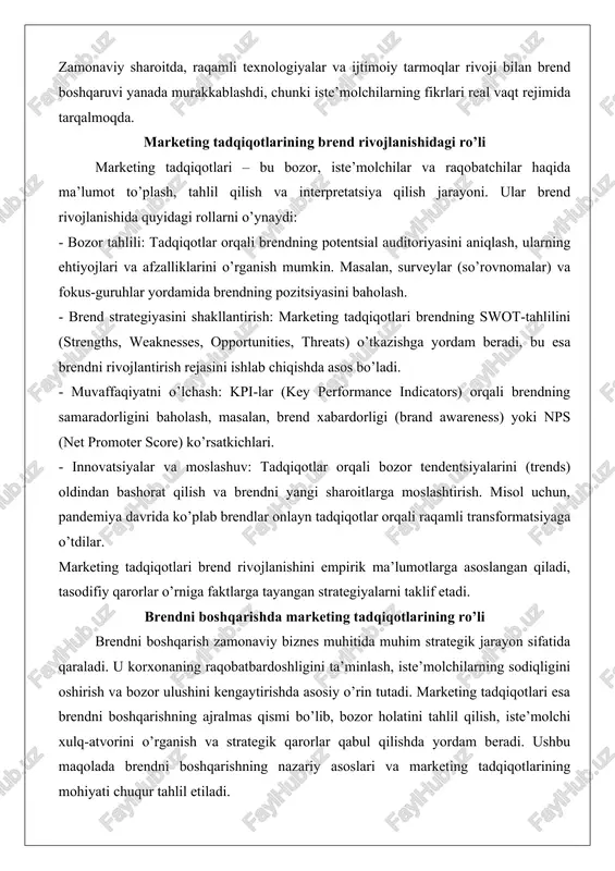 arketing tadqiqotlarining ro’li brendni boshqarish zamonaviy biznes muhitida muhim strategik jarayon sifatida qaraladi. u korxonaning raqobatbardoshligini ta’minlash, iste’molchilarning sodiqligini oshirish va bozor ulushini kengaytirishda asosiy o’rin tutadi. marketing tadqiqotlari esa brendni boshqarishning ajralmas qismi bo’lib, bozor holatini tahlil qilish, iste’molchi xulq-atvorini o’rganish va strategik qarorlar qabul qilishda yordam beradi. ushbu maqolada brendni boshqarishning nazariy asoslari va marketing tadqiqotlarining mohiyati chuqur tahlil etiladi. tahlilda nazariy kontseptsiyalar, amaliy misollar va dalillar asosida izohlanadi, bu orqali brendni boshqarishda marketing tadqiqotlarining integratsiyasi ko’rsatiladi. brendni boshqarishning nazariy asoslari brendni boshqarish – bu korxona mahsulotlari yoki xizmatlarini iste’molchilar ongida ijobiy obraz yaratish va uni saqlab qolish jarayoni. nazariy jihatdan, brend boshqaruvining asoslari xx asrning ikkinchi yarmida shakllangan bo’lib, u marketingning rivojlanishi bilan bog’liq. brendni boshqarishning nazariy asoslari brendning iqtisodiy va psixologik qiymatini ta’kidlaydi, chunki brend nafaqat savdo belgisi, balki korxonaning kapitali sifatida qaraladi. brend tushunchasi va uning tarkibiy elementlari brend tushunchasi – bu korxona mahsuloti yoki …