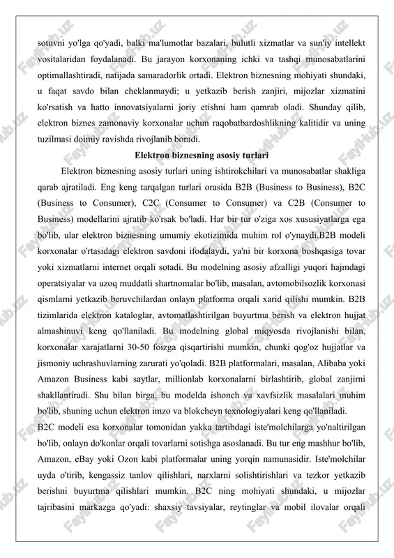 umkin. b2b tizimlarida elektron kataloglar, avtomatlashtirilgan buyurtma berish va elektron hujjat almashinuvi keng qo'llaniladi. bu modelning global miqyosda rivojlanishi bilan, korxonalar xarajatlarni 30-50 foizga qisqartirishi mumkin, chunki qog'oz hujjatlar va jismoniy uchrashuvlarning zarurati yo'qoladi. b2b platformalari, masalan, alibaba yoki amazon business kabi saytlar, millionlab korxonalarni birlashtirib, global zanjirni shakllantiradi. shu bilan birga, bu modelda ishonch va xavfsizlik masalalari muhim bo'lib, shuning uchun elektron imzo va blokcheyn texnologiyalari keng qo'llaniladi. b2c modeli esa korxonalar tomonidan yakka tartibdagi iste'molchilarga yo'naltirilgan bo'lib, onlayn do'konlar orqali tovarlarni sotishga asoslanadi. bu tur eng mashhur bo'lib, amazon, ebay yoki ozon kabi platformalar uning yorqin namunasidir. iste'molchilar uyda o'tirib, kengassiz tanlov qilishlari, narxlarni solishtirishlari va tezkor yetkazib berishni buyurtma qilishlari mumkin. b2c ning mohiyati shundaki, u mijozlar tajribasini markazga qo'yadi: shaxsiy tavsiyalar, reytinglar va mobil ilovalar orqali savdo jarayoni soddalashtiriladi. statistik ma'lumotlarga ko'ra, b2c savdosi yiliga 15-20 foizga o'sib boradi, chunki pandemiya davrida onlayn xaridlar 50 foizga …