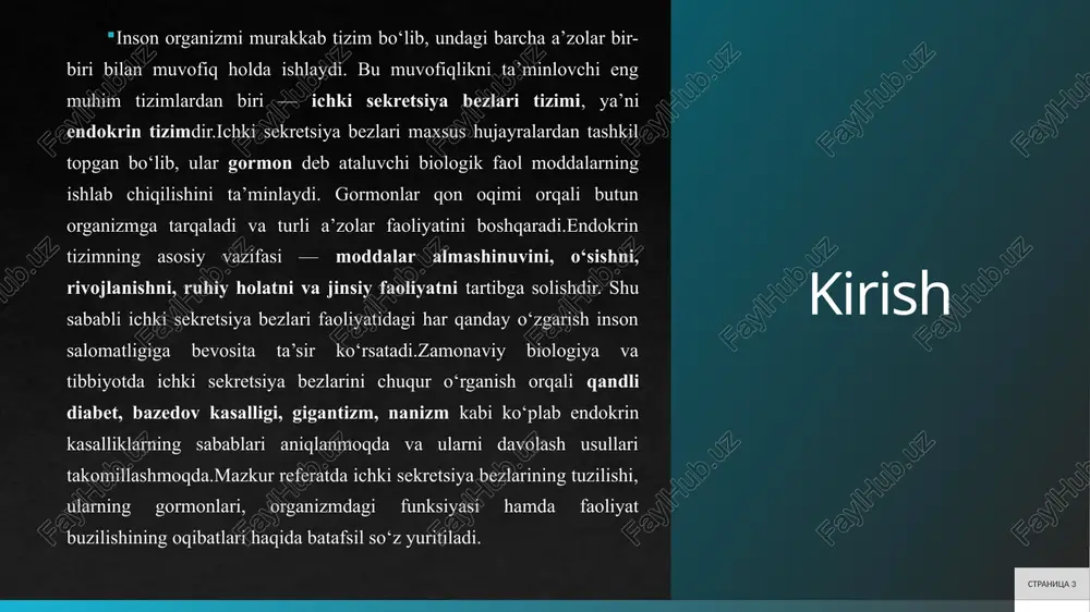 i o’ziga xos tuzilish va funksiyaga ega bo’lib, ular markaziy boshqaruv ostida ishlaydi. qalqonsimon bezi bo’yin oldida, traxeya atrofida joylashgan kapalak shaklidagi organ bo’lib, ikki bo’lakdan iborat. uning tuzilishi follikulalardan iborat: follikula epiteliy hujayralari kolloid modda (tiroglobulin) ichida tiroksin (t4) va triiodtiroksin (t3) ni sintez qiladi. perviy navik vtoroy navik tretiy navik zaklyuchenie stranitsa 6 6 qalqonsimon osti bezlari bu to’rtta kichik bez bo’lib, qalqonsimon bezning orqa tomonida joylashgan. har birining tuzilishi bosh hujayralar (paratireotsitlar) dan iborat bo’lib, ular paratireoid gormonini (pth) chiqaradi. pth kaltsiy va fosfor fosfat almashinuvini boshqaradi: suyaklardan kaltsiy chiqarishni oshiradi, buyraklarda qayta qaytarishni kuchaytiradi va d vitaminini faollashtiradi.bezarlar qon bilan boyitilgan, massasi 0,1 gramm. buzilish: hiperparatiroidizm (suyak zaiflashishi), hipoparatiroidizm (kaltsiy yetishmovchiligi, tetaniya). ular qalqonsimon bez bilan yaqin bog’liq, lekin mustaqil ishlaydi. buyrak usti bezlari buyrak usti bezlari (adrenal bezlar) buyraklar ustida joylashgan piramida shaklidagi organlar bo’lib, ikki qismdan iborat: qobiq va orqa miya. qobiq qismi (zona …