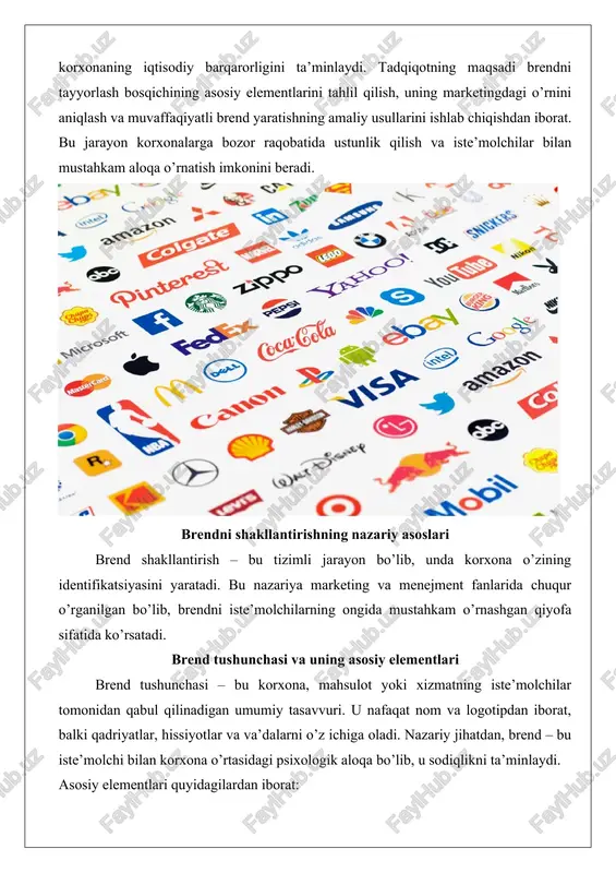 rqali brendning xususiyatlarini aks ettiradi. nike’ning «swoosh» logotipi harakat va muvaffaqiyatni ifodalaydi. - brend qadriyatlari va missiyasi: bu brendning ichki mohiyatini belgilaydi. qadriyatlar – ekologiya, innovatsiya yoki sifat bo’lishi mumkin. - brend pozitsiyasi: bozor ichidagi o’rni, ya’ni raqobatchilardan farqlanish. - brend imiji: iste’molchilarning brend haqidagi tasavvuri, u reklama va tajriba orqali shakllanadi. dalillar sifatida, marketing nazariyasida philip kotler brendni «iste’molchiga va’da» deb ta’riflaydi. amaliy misol: coca-cola brendi. uning nomi oddiy, logotipi qizil rangda, qadriyatlari – baxt va oilaviy birlik. bu elementlar brendni global miqyosda tanilgan qilgan. tadqiqotlar shuni ko’rsatadiki, kuchli brend elementlari savdo hajmini 20-30% ga oshirishi mumkin, chunki iste’molchilar tanish brendni afzal ko’radi. brend elementlarining o’zaro bog’liqligi muhim. masalan, logotip nom bilan mos kelmasa, brendning samaradorligi pasayadi. shu sababli, brend tushunchasi holistik yondashuvni talab qiladi. brend yaratish jarayonining bosqichma-bosqich tahlili brend yaratish jarayoni bosqichma-bosqich bo’lib, odatda quyidagi bosqichlarni o’z ichiga oladi: 1. tadqiqot bosqichi: bozor va iste’molchilarni o’rganish. 2. …