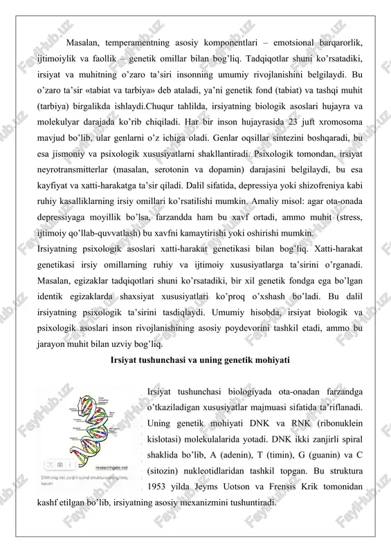 il irsiyatning psixologik ta’sirini tasdiqlaydi. umumiy hisobda, irsiyat biologik va psixologik asoslari inson rivojlanishining asosiy poydevorini tashkil etadi, ammo bu jarayon muhit bilan uzviy bog’liq. irsiyat tushunchasi va uning genetik mohiyati irsiyat tushunchasi biologiyada ota-onadan farzandga o’tkaziladigan xususiyatlar majmuasi sifatida ta’riflanadi. uning genetik mohiyati dnk va rnk (ribonuklein kislotasi) molekulalarida yotadi. dnk ikki zanjirli spiral shaklida bo’lib, a (adenin), t (timin), g (guanin) va c (sitozin) nukleotidlaridan tashkil topgan. bu struktura 1953 yilda jeyms uotson va frensis krik tomonidan kashf etilgan bo’lib, irsiyatning asosiy mexanizmini tushuntiradi. genetik mohiyatda genlar dominant va retsessiv bo’ladi. dominant genlar kuchli ta’sir ko’rsatadi, retsessivlar esa faqat ikkalasi birlashganda namoyon bo’ladi. masalan, jigarrang ko’z rangi dominant, ko’k ko’z rangi retsessivdir. chuqur tahlilda, irsiyat epigenetika bilan bog’liq, ya’ni genlarning faollashuvi muhit omillari bilan o’zgarishi mumkin. epigenetik o’zgarishlar dnkni o’zgartirmaydi, ammo gen ekspressiyasini boshqaradi.mendel qonunlarini keltirish mumkin: segregatsiya va mustaqil taqsimlanish qonunlari. amaliy misol: no’xat o’simligida sariq va …