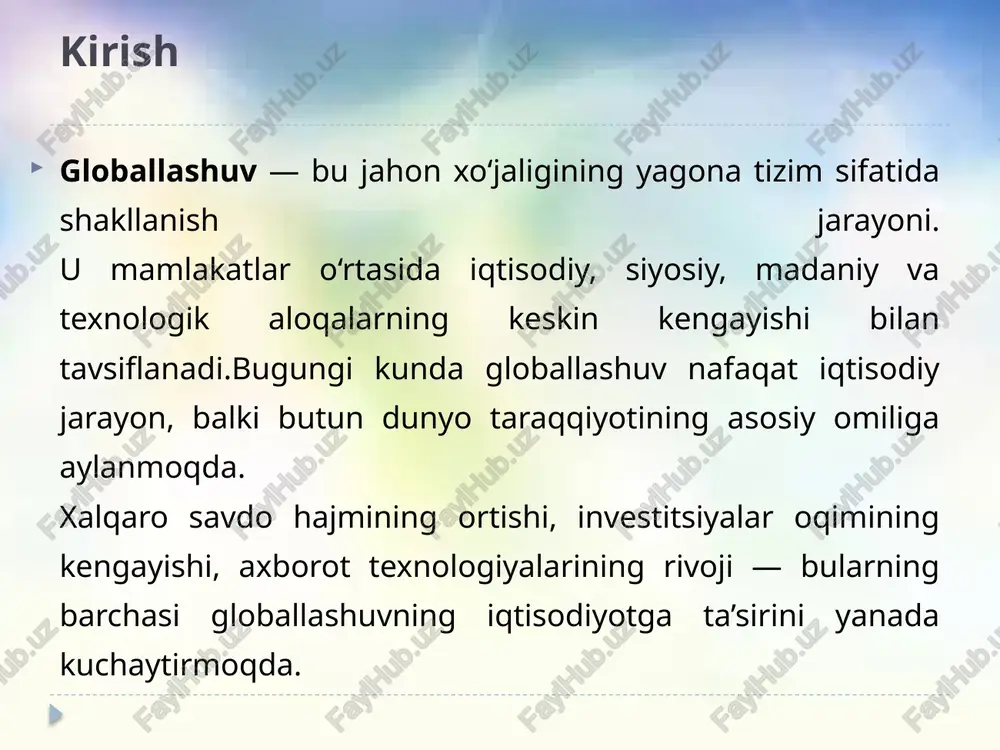 zaifligi resurslardan haddan ortiq foydalanish globallashuv muammolari globallashuv jarayoni zamonaviy dunyoning eng muhim va murakkab hodisalaridan biri sifatida tan olinmoqda. u iqtisodiy, ijtimoiy va madaniy sohalarda chuqur o'zgarishlarni keltirib chiqarmoqda, ammo shu bilan birga jiddiy muammolarni ham yuzaga keltirmoqda. globallashuvning ijobiy tomonlari, masalan, savdo va texnologiyalar almashinuvi orqali iqtisodiy o'sishni ta'minlashiga qaramay, uning salbiy oqibatlari, jumladan, tengsizlikning kuchayishi, resurslarning nomutanosib taqsimlanishi va ekologik inqirozlar kabi masalalar global miqyosda jiddiy e'tiborni talab etmoqda. iqtisodiy tengsizlik va resurslar taqsimotidagi nomutanosiblik iqtisodiy tengsizlik globallashuvning eng keskin muammolaridan biri bo'lib, u resurslarning nomutanosib taqsimlanishi orqali yanada kuchaymoqda. zamonaviy dunyoda boylik va daromadlarning taqsimoti shunday nomutanosibki, global miqyosda eng boy 1% aholi dunyodagi umumiy boylikning deyarli yarmiga ega bo'lib qolgan. masalan, 2025 yilga kelib, global daromadlar taqsimotida eng pastki 50% aholi faqat umumiy daromadning 8,5% ini olishi kuzatilmoqda, holbuki eng yuqori 10% esa 52% ni egallab turgan. kambag‘allik, ishsizlik va ekologik inqiroz muammolari globallashuv jarayoni …
