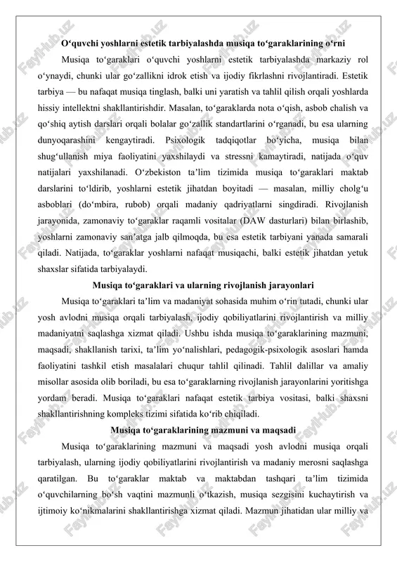 il etish masalalari chuqur tahlil qilinadi. tahlil dalillar va amaliy misollar asosida olib boriladi, bu esa toʻgaraklarning rivojlanish jarayonlarini yoritishga yordam beradi. musiqa toʻgaraklari nafaqat estetik tarbiya vositasi, balki shaxsni shakllantirishning kompleks tizimi sifatida koʻrib chiqiladi. musiqa to‘garaklarining mazmuni va maqsadi musiqa toʻgaraklarining mazmuni va maqsadi yosh avlodni musiqa orqali tarbiyalash, ularning ijodiy qobiliyatlarini rivojlantirish va madaniy merosni saqlashga qaratilgan. bu toʻgaraklar maktab va maktabdan tashqari taʼlim tizimida oʻquvchilarning boʻsh vaqtini mazmunli oʻtkazish, musiqa sezgisini kuchaytirish va ijtimoiy koʻnikmalarini shakllantirishga xizmat qiladi. mazmun jihatidan ular milliy va xalqaro musiqa anʼanalarini oʻz ichiga oladi, maqsadi esa shaxsiy rivojlanishni taʼminlashdir. tahlil shuni koʻrsatadiki, musiqa toʻgaraklari orqali oʻquvchilar nafaqat texnik koʻnikmalarni egallaydi, balki emotsional intellektni ham rivojlantiradi. musiqa to‘garaklarining shakllanish tarixi musiqa toʻgaraklarining shakllanish tarixi qadimiy davrlarga borib taqaladi, ammo zamonaviy shaklda ular xx asrda rivojlanishni boshlagan. oʻzbekistonda musiqa taʼlimi anʼanalari amir temur davridan boshlanib, samarqand va buxoro kabi madaniy markazlarda musiqa va …