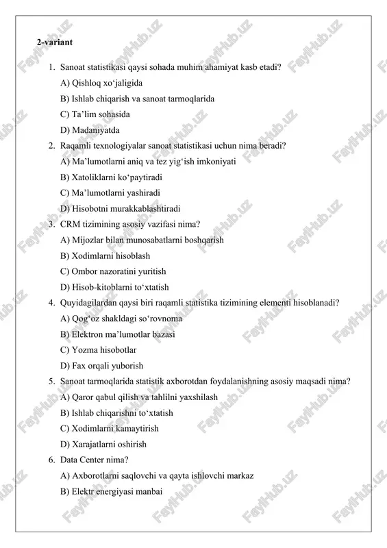 qali to‘planadi? 4. axborot texnologiyalari statistik ma’lumotlarni yig‘ishda qanday rol o‘ynaydi? 5. raqamlashtirilgan sanoat statistikasi an’anaviy statistikadan nimasi bilan farq qiladi? 6. sanoat statistikasi tizimini raqamlashtirishda uchraydigan asosiy muammolar nimalardan iborat? 7. o‘zbekiston sanoatida raqamli statistik tahlil tizimlari qanday joriy etilgan? 8. xalqaro tajribada sanoat statistikasi raqamlashtirilishi qanday amalga oshiriladi? 9. davlat statistika qo‘mitasining sanoat ma’lumotlarini yig‘ishdagi o‘rni qanday? 10. raqamli iqtisodiyot sanoat statistikasi bilan qanday bog‘liq? 11. erp va crm tizimlari sanoat ma’lumotlarini boshqarishda qanday afzalliklar beradi? 12. sanoat statistikasi uchun sun’iy intellektni qo‘llash qanday natijalar beradi? 13. raqamlashtirilgan statistik tizim ma’lumotlarning ishonchliligini qanday oshiradi? 14. ma’lumotlar xavfsizligi sanoat statistikasida qanday ta’minlanadi? 15. sanoat tarmoqlarida statistik axborotdan foydalanish qaror qabul qilishga qanday yordam beradi? 16. raqamli platformalarda statistik ma’lumotlarni vizual tahlil qilishning afzalliklari nimalardan iborat? 17. o‘zbekiston sanoat statistikasini yanada raqamlashtirish uchun qanday choralar zarur? 18. “big data” texnologiyasi sanoat tahlilida qanday qo‘llanilishi mumkin? 19. sanoat statistikasi raqamlashtirilish darajasini …