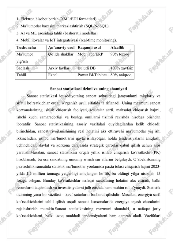 balki resurslarni taqsimlash va investitsiyalarni jalb etishda ham muhim rol o’ynaydi. statistik tizimning yana bir vazifasi – xavf-xatarlarni bashorat qilishdir. masalan, energiya sarfi ko’rsatkichlarini tahlil qilish orqali sanoat korxonalarida energiya tejash choralarini rejalashtirish mumkin.sanoat statistikasining mazmuni shundaki, u nafaqat joriy ko’rsatkichlarni, balki uzoq muddatli tendensiyalarni ham qamrab oladi. vazifalari orasida ma’lumotlarning ishonchliligini ta’minlash alohida o’rin tutadi, chunki noto’g’ri statistika qarorlarning xato bo’lishiga olib keladi. statistik ma’lumotlarning sanoat rivojlanishidagi ro’li statistik ma’lumotlar sanoat rivojlanishining asosiy harakatlantiruvchi kuchi hisoblanadi. ular korxonalar rahbariyatiga real vaqtda qaror qabul qilish imkonini beradi, shuningdek, davlat organlariga sanoat siyosatini shakllantirishda yordam beradi. sanoat rivojlanishidagi ro’lini quyidagi jihatlarda ko’rish mumkin: birinchidan, resurslarni optimal taqsimlash; ikkinchidan, bozor tendensiyalarini bashorat qilish; uchinchidan, samaradorlikni oshirish choralari ishlab chiqish.amaliy misol sifatida o’zbekistonning metallurgiya sanoatini keltirish mumkin. 2022-yilda statistik ma’lumotlar asosida po’lat ishlab chiqarish hajmi 4,5 million tonnaga yetganligi aniqlangan bo’lib, bu ma’lumot yordamida eksport hajmini 20 foizga oshirish rejalari tuzilgan. natijada, eksport …