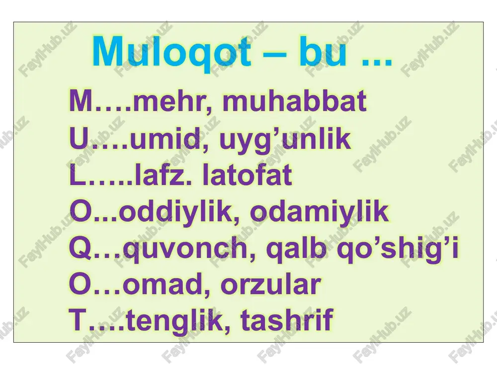 i b.f.lomov muloqot funktsiyalariga quyidagilarni kiritadi: ma'lumotlar almashinuvi funktsiyasi; xulq-atvorni boshqarish funktsiyasi; hissiyotlar almashinuvi. bu funktsiyalar g.m.andreeva ajratgan muloqot tomonlariga ham mos keladi, ya'ni har bir muloqot jarayonida yuqoridagi vazifalarni topish mumkin. «odamlar nima haqida gapirayotganiga quloq tut, lekin avvalo ular nimani his qilayotganligini tushunib yet!» sharq hikmati 15 yana bir sharqona hikmat: «sen bir marta aytding – men ishondim, sen qaytarib aytding, men shubhalanib qoldim, sen uchinchi marta aytganingda, men tushunib etdim-ki, sen yolg'on gapirayapsan!!!». l.a.karpenko tomonidan muloqotning quyidagi vazifalari ajratib ko'rsatiladi: aloqa o'rnatish vazifasi suhbatdoshni aloqaga kirishish uchun tayyorlash informatsion vazifa suhbatdosh bilan muayyan ma'lumotlar, fikrlar va rejalarni almashish faoliyatga undash suhbatdoshni biror harakatni bajarishga stimullashtirish koordinatsion vazifa suhbatdosh bilan hamkorlikdagi faoliyatni tashkil etish va uni amalga oshirishda harakatlarni muvofiqlashtirish 17 tushunishni ta'minlash vazifasi suhbatdoshning fikrlari va hissiyot-larini tushunish amotiv vazifasi suhbatdoshda muayyan hissiyotlarni uyg'otish hamda ularni o'zgartirish munosabat o'rnatish munosabatlar tizimidagi shaxsiy o'rnini, mavqeini aniqlash ta'sir ko'rsatish …