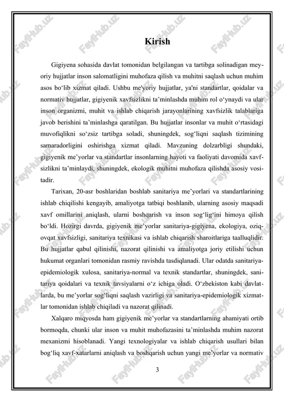hqarish uchun asos bo‘lib xizmat qiladi. bu meyorlar odatda, xavfli omillarni aniqlash, ularni boshqarish va insonlar uchun xavfsizlik sharoitlarini yaratish maqsadida ishlab chiqiladi. masalan, oziq-ovqat xavfsizligi bo‘yicha gigiyenik meyorlar oziq-ovqat mahsulotlarining sifatini, saqlash sharoitlarini va ishlab chiqarish jarayonlarini muvofiqlashtirishga qaratilgan bo‘lib, ular oziq-ovqat bilan bog‘liq xavflarni kamaytirishga yordam beradi. gigiyenik meyorlar va standartlar ko‘pincha sanitariya-normal va texnik standartlar shaklida bo‘ladi. sanitariya-normal meyorlar inson va muhit muhofazasini ta’minlash uchun belgilangan normalar bo‘lib, ular sanitariya-gigiyena, ekologiya va ishlab chiqarish sharoitlarida qo‘llaniladi. texnik standartlar esa sanitariya texnikasi, qurilmalar va texnologiyalar uchun qo‘yiladigan talablardir. bu meyorlar qabul qilinishi uchun hukumat organlari, odatda, sog‘liqni saqlash vazirligi yoki sanitariya-epidemiologik xizmatlar tomonidan ishlab chiqiladi va tasdiqlanadi. gigiyenik meyorlarning muhim jihatlaridan biri – bu ularning amaliyotga tatbiq etilishi va nazorati. bu jarayonlarda, davlat organlari kompaniyalar va muassasalarda belgilangan standartlarga rioya qilinishini nazorat qiladi. nazorat usullari orasida sanitariya-inspektsiyalar, laboratoriya tekshiruvlari va monitoring tizimlari mavjud bo‘lib, ular xavfli omillarni aniqlash …