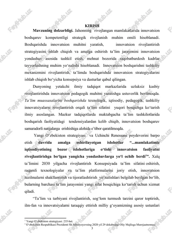 tizimida innovatsion jarayonlarning sabablarini, tuzilmasini, dinamikasini va ehtimoliy kelajagini tadqiq qilishga mavjud ijtimoiy buyurtma shakllangandir. mazkur ijtimoiy buyurtmaning sub’ektlari bo‘lib ijtimoiy-iqtisodiy rivojlanishning ustivor yo‘nalishlari qatoriga innovatsion faoliyatni ham qo‘shgan davlat; umuman olganda, rivojlanishning innovatsion yo‘lini tanlab olgan va uning asosi sifatida umumiy ta’limning rivojlanishiga o‘tkir ehtiyoj sezayotgan butun jamiyat; hozirgi ijtimoiy-iqtisodiy shart-sharoitlarda talab kuchli bo‘lgan sifatli ta’limni olishidan manfaatdor bo‘lgan oila; shaxsiy salohiyatini yuzaga chiqarishi o‘zi o‘qiydigan maktabning ta’lim imkonyatlariga bog‘liq bo‘ladigan o‘quvchi sanaladilar. so‘nggi o‘n yilliklarda ro‘y berayotgan ijtimoiy-iqtisodiy jarayonlar ta’limda yangicha yondashuvlarni ishlab chiqish va amalga oshirish yo‘li bilan umumta’lim maktablarini modernizatsiyalashning yo‘llari izlab topilishini rag‘batlantirdi. bunga erishish boshqaruv sifatini oshirish orqali mumkin bo‘lib, uning ko‘rsatkichi sifatida ta’lim faoliyatining innovatsionligi sanaladi. bugungi ijtimoiy va iqtisodiy sharoitlarda innovatsionlik asosan ta’lim faoliyatining aniq va uyg‘un holda tashkil etilishiga bog‘liq bo‘ladi. mana shunga bog‘liq holda bosh rol eng avvalo, tashkilot rahbariga ajratiladi, chunki, aynan uning kasbiy va shaxsiy sifati butun ta’lim …