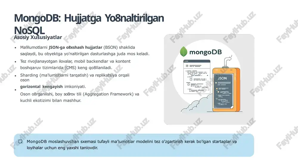 dan muvaffaqiyatli qo8llanilmoqda. facebook - cassandra global miqyosdagi xabarlar, chatlar va vaqt seriyalari ma'lumotlarini yuqori mavjudlik va tezlikda boshqaradi. uber & ebay - mongodb tez rivojlanayotgan ilovalarda, shu jumladan, taksi buyurtmalari va onlayn savdo kataloglarini boshqarishda keng qo8llaniladi. yahoo & adobe - hbase katta ma9lumotlar tahlilida, reklama texnologiyalarida va analitik platformalarda foydalanadi. nosql bazalarini tanlashda nimalarga e9tibor berish kerak? jamoa tajribasi texnik jamoangizning mavjud bazaga bo8lgan tajribasi va jamoaviy qo8llab-quvvatlash imkoniyatlari. tezlik va kechikish so8rovlarning murakkabligi va ma'lumotlarni o8qish/yozish tezligi bo8yicha aniq talablar. kengayish talablari kelajakda ma9lumot hajmi qanday o8sishini hisobga olgan holda mavjudlik (ha) va miqyoslash (scalability) qobiliyati. ma9lumot hajmi va turi siz saqlayotgan ma9lumotlarning hajmi (big data?) va ularning turi (hujjat, ustunlar oilasi, grafik, kalit/qiymat) qaysi turga mos kelishi. xulosa: nosql bilan kelajakni yaratish nosql bazalari zamonaviy ma9lumotlar muammolarini hal qilishda muhim va moslashuvchan vositadir. kuchli tomonlarni tanlash mongodb moslashuvchanlik, cassandra miqyoslilik va hbase tezkor tahlil imkoniyatlari bilan …