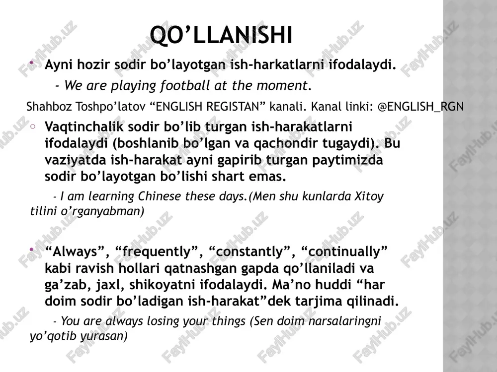 v “english registan” kanali. kanal linki: @english_rgn signal so’zlar “present simple” zamonining signal so’zlari (payt hollari) 1. always = generally = in general = normally = permanently = all the time = now and then = now and again = day and night = around the clock – hamisha, har doim; 2. usually = typically = as a rule - odatda; 3. frequently = often – tez-tez; 4. regularly = routinely = repeatedly - muntazam ravishda; 5. sometimes = occasionally = at times = from time to time = once in a while = all the while - ba’zan; 6. seldom = rarely = once in a blue moon - kamdan-kam; 7. never = not ever = hardly ever - hech qachon; 8. daily = every day = day to day = day after day - har kuni; 9. every other day - kun ora; 10. every 3 days - …
