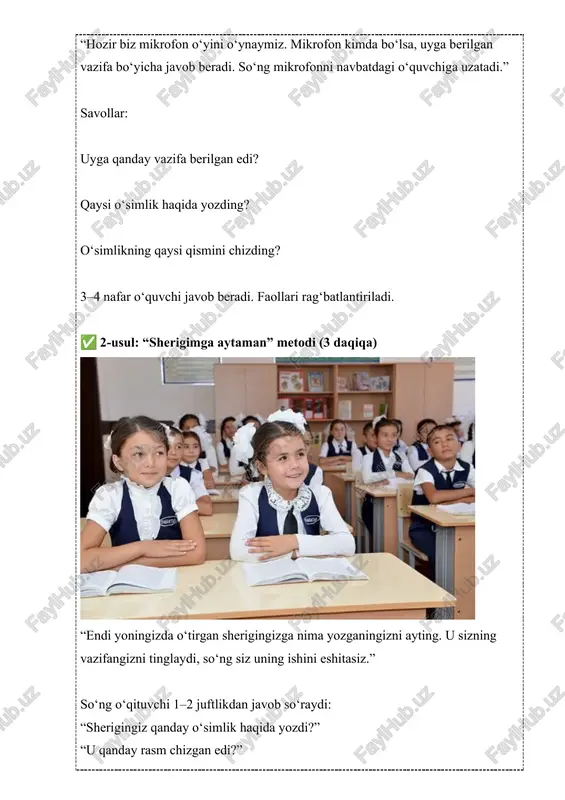 uvchilar a, b, c harflari yozilgan kartochkalarni ko‘taradilar yoki qo‘llari bilan ko‘rsatadilar. afzalliklari: tezkor fikrlashni rag‘batlantirad o‘quvchilar ishtirokidan zavqlanadi yangi mavzu mustahkamlanadi o‘qituvchi kuzatadi, yordam beradi va faol ishtirokchilarni rag‘batlantiradi. v.uyga vazifa berish: uyda o’simlik rasmlarini chizish va organlari haqida yozish image1.jpeg image2.jpeg image3.jpeg image4.jpeg image5.jpeg