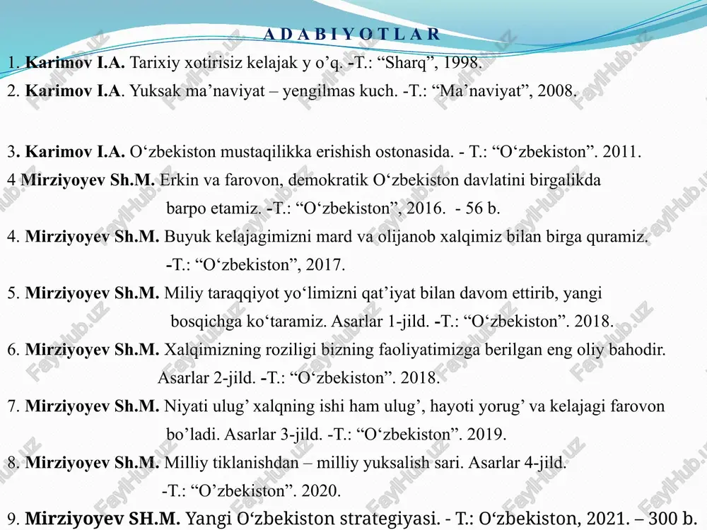 ti; prezident sh.mirziyoyev rahbarligida o’zbekistonda “uchinchi renessans” poydevorini yaratish borasida amalga oshirilgan keng ko’lamli islohotlar mazmuni. o’zbekistonning eng yangi tarixi maqsadi: yoshlarni mamlakatimizda milliy istiqlol yillarida kechgan ijtimoiy-siyosiy jarayonlarni mustaqil tahlil qilishga o’rgatish; mazkur jarayonlarning rivojlanish qonuniyatlari, sabab va oqibatlarini tushunish hamda ochib berish orqali yoshlarning ilmiy dunyoqarashini shakllantirish, ularning ma’naviy-ma’rifiy salohiyatlarini yuksaltirish, ajdodlar merosiga sadoqat, vatanga muhabbat ruhiyatini shakllantirish; o‘zbekiston respublikasining birinchi prezidenti i.karimov hamda prezident sh.mirziyoyev rahbarligida amalga oshirilgan islohotlar va undan ko’zlangan maqsad va pirovard natijalar mazmun mohiyatini to’g’ri anglash va tahlil qilish malakasini shakllantirish. o’zbekistonning eng yangi tarixi vazifalari: jahondagi ilg’or, taraqqiyparvar demokratik davlatlarning tajribalarini umumlashtirish asosida xalqimizda yangicha ijtimoiy-siyosiy dunyoqarash madaniyatini shakllantirish; taraqqiyotning umume’tirof etilgan tamoyillariga asoslangan yo’llarni to’g’ri belgilab olishga ko’maklashish, yo’l qo’yilgan xatolarni takrorlamaslik, ulardan zarur xulosa va saboqlar chiqarish; taraqqiyotga, millat kelajagiga xavf soluvchi asosiy omillarni oldindan ko’ra bilish va ularni o’z vaqtida bartaraf etish; qo’shni va dunyo xalqlari bilan hamjihatlikda, tinch-totuv …