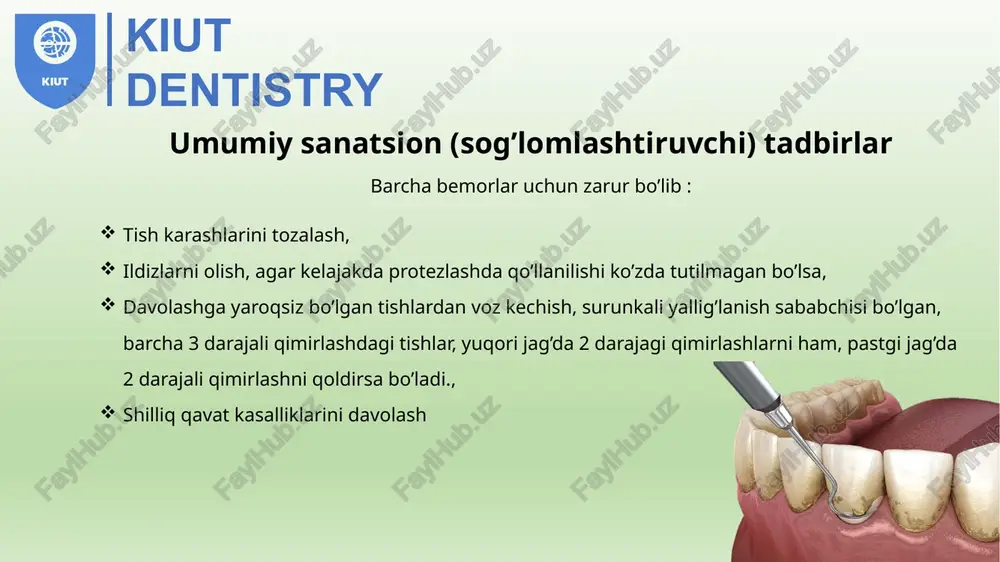 aqlangan bo’lishi lozim. xavfsizlik zonalari – tish toj qismida tish bo’shlig’i (pulpani) ochib qo’yish xavfi yo’q bo’lgan, bemalol ishlash mumkin bo’lgan joylar. yuqori va pastki jag’da xavfsizlik zonalari quyidagicha joylashgan: kesuv qirrasi ekvator sohasida oral va vestubulyar tomonlari bo’yin sohasida qoziq tishlarida esa: kesuv qirrasida ekvator sohasida oral, vestibulyar va kontakt tomonlari; bo’yin sohasida vestibulyar, oral yuzalar, yuqori jag’ qoziq tishlarida esa distal sohasi kiut dentistry abolmasov, nikolay gavrilovich (1938-2020) sovet va rossiya federatsiyasi fan doktori, smolensk davlat tibbiyot universiteti professori 1938-yil 25-noyabrda kurs viloyati, vyazkoe qishlog’ida dunyoga kelgan. 320 dan ortiq ilmiy ishlar, shulardan 2 ta o’quv qo’llanma, 2 na monografiya va 10 marotaba qayta nashr qilingan ”ortopedik stomatologiya” darsligi hammuallifi. kiut dentistry og’iz bo’shlig’ini protezlashga jarrohlik tayyorgarligi katta miqdorda operatsiyalarni o’z ichiga oladi og’iz bo’shlig’i dahlizini chuqurlashtirish; protez chegarasi sohasidan mushaklar yopishgan joyni siljitish alveolar o’siqni tiklash tanglay chuqurligini tiklash yuqori jag’ning yanoq o’sig’i asosini bartaraf qilish (tuber …