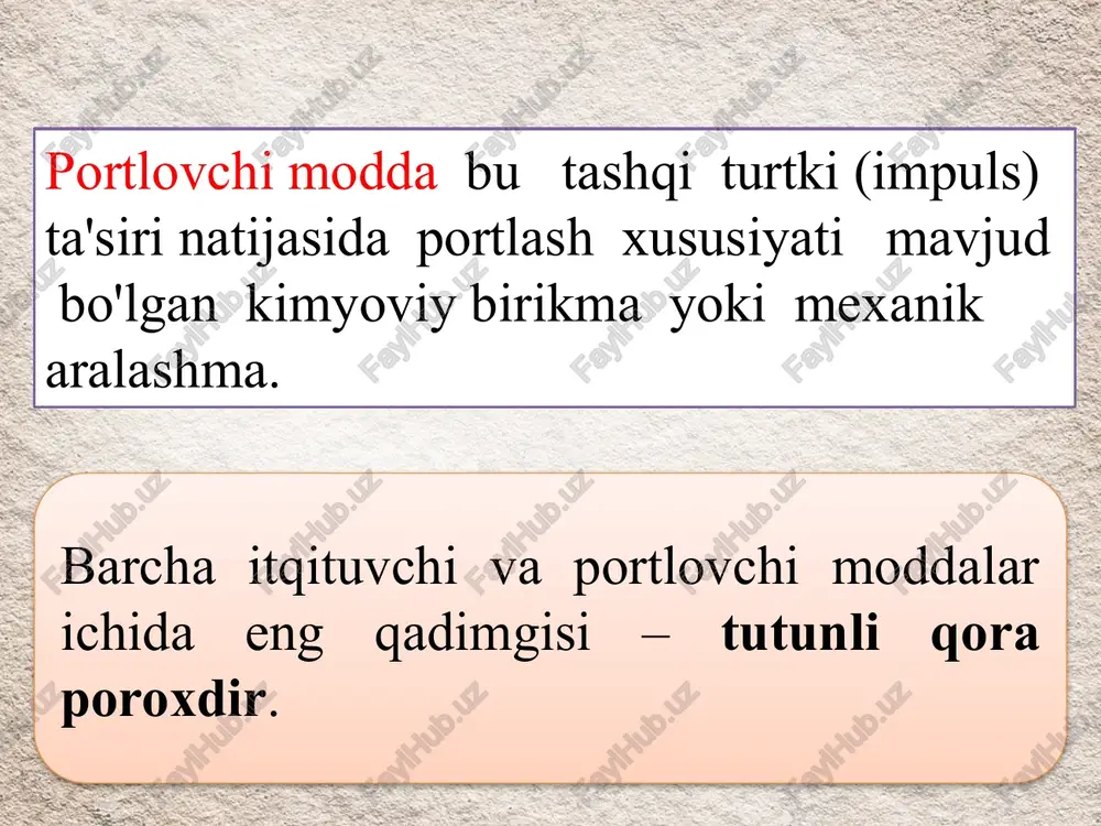 onli shaxtasida 1960-yilda yer osti maydonining miqdori yuqori bo‘lgan uchastkasini yoppasiga portlatish, konchilik korxonasi ruda boyitish fabrikasining deyarli 8 baravar yuqori samara bilan ishlash imkonini bergan edi. 1960-yillardan boshlab xavfsiz, oddiy ammiak-selitra asosida tayyorlanadigan portlovchi modda – «igdanit» va «ifzanit»lar sanoatda ishlab chiqarilgan ammiak-selitrali portlovchi moddalar bilan bir qatorda, yer osti ishlarida va ochiq usulda ishlatiladigan konlarda portlatish ishlari olib borishda keng qo‘llanila boshlandi. foydalanilgan adabiyotlar v.r.raximov, n.u.ubaydullaev “burg'ilash va portlatish ishlari” toshkent 2016 2. rossinskiy h.a., nagaychenkov m.a. master vzrivnik. «nedra», m., 1998. 3. ivanov k.i., latishev v.a., andreev v.d. texnika bureniya pri razrabotke poleznix iskopaemix. «nedra». m., 1987. 4. kutuzov b.i. razrushenie gornix porod vzrivom. izdatelstvo mgtu, 1994. 5. edinie pravila bezopasnosti pri vzrivnix rabotax. npo obt, m.,1992. 6. mangush s.k., krupov g.m. vzrivnie raboti pri podzemnoy razrabotke poleznix iskopaemix. m., lgi, 2000. 7. mangush s.k. vzrivnie raboti pri provedenii podzemnix gornix virabotok. izdatelstvo mmgu, m., 1999. image2.jpeg …