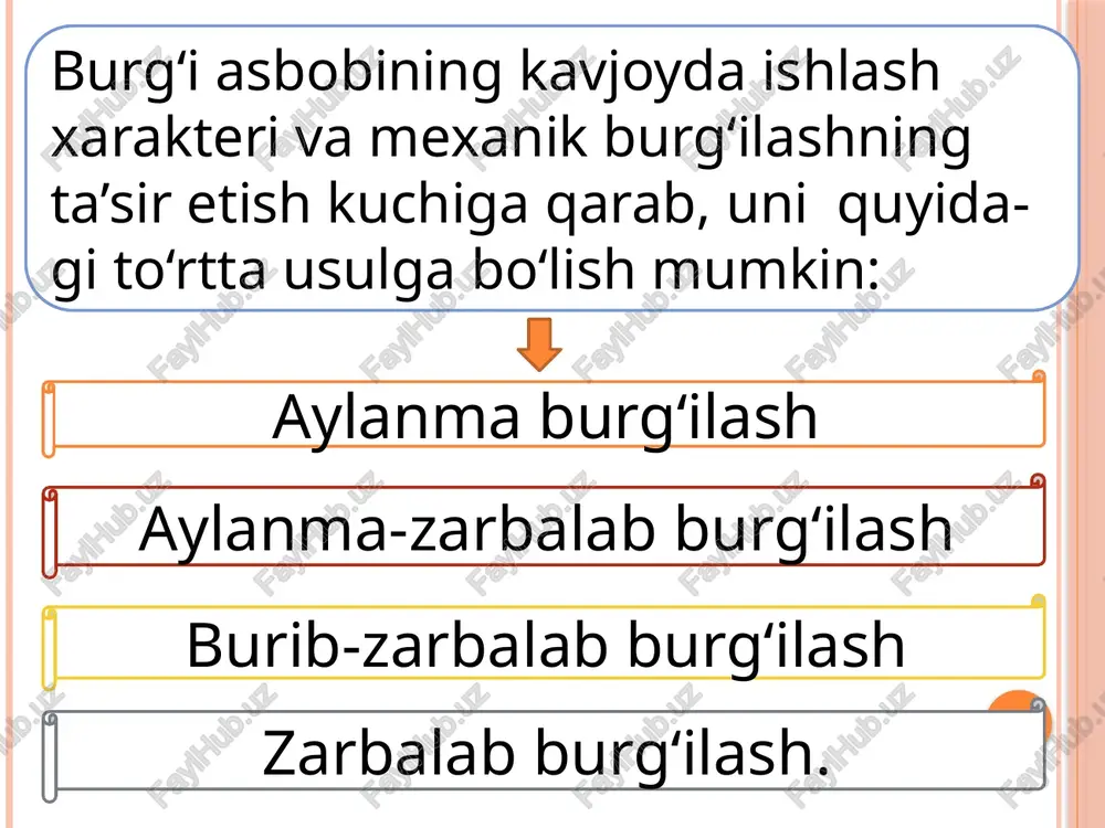 rg‘ilaydi. burg‘i kallagining turkumlari burg‘i kallagi – doloto burg‘ilash dastgohining bir qismi bo‘lib, burg‘ilovchi asbobning birgalikda zarba uzatishiga mo‘ljallangan. burg‘i kallagi keltirilgan energiya manbayiga ko‘ra pnevmatik, gidravlik va elektrli bo‘lishi mumkin. image2.jpeg image3.png /docprops/thumbnail.jpeg