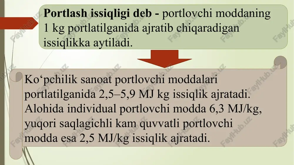 60 ammonit t-19 . . . . . . . . . . . ……….. 265–270 sanoatlashtirilgan portlovchi moddalar atrof muhit ta'siriga qarab quyidagicha tasniflanadi: • yuqori brizantli portlovchi moddalar, detonatsiya tezligi 4500-7000m/s; • brizantli portlovchi moddalar, detonatsiya tezligi 3000-4500m/s; • past brizantli portlovchi moddalar, detonatsiya tezligi 2000-3000m/s; • otadigan portlovchi moddalar, yonish tezligi 100-400m/s. sanoatlashtirilgan portlovchi moddalar fizik holatiga qarab quyidagicha tasniflanadi: • kukunsimon; • granula; • presslangan; • quyilgan; • suvga mustahkam. sanoatlashtirilgan portlovchi moddalar kimyoviy holatiga qarab quyidagicha tasniflanadi: • ammiakli selitra; • nitroyasama va ularning eritmasi; • suyuq efir holatidagi sanoatlashtirilgan portlovchi moddalar; • xlorat va xloratsimon sanoatlashtirilgan portlovchi moddalar; • porox. sanoatlashtirilgan portlovchi moddalar struktura holatiga qarab quyidagicha tasniflanadi: • kukunsimon; • yuqori dispersiyali; • presslangan; • plastiksimon; • suvga mustahkam. image1.jpeg image2.jpeg image3.png image4.png /docprops/thumbnail.jpeg