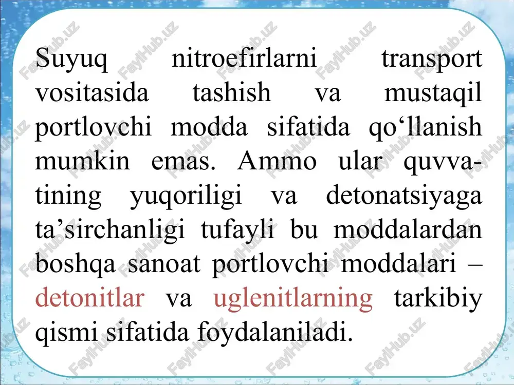 hi zaryad sifatida qo‘llaniladi. ten yuqori portlash xarakteristikasiga ega bo‘lganligi va kritik diametri kichik bo‘lganligi uchun detonatsiyalanuvchi pilik ishlab chiqarishda qo‘llaniladi. kollodion paxta kulrang qog‘oz massasi ko‘rinishiga ega, uvalangan (zichlanmagan) holatdagi zichligi 0,3 g/sm3 ga teng, zichlangan holatda esa 1,3–1,4 g/sm3. kollodion paxta nitroefirlarda yaxshi eriydi, masalan, 100 g nitroglitserinda 2,5 g kllodion paxta eritilganda elastik quyuq massa hosil bo‘ladi, uning mexanik ta’sirga sezgirligi nitroglitseringa nisbatan kamroq. shuning uchun jelatinalangan nitroglitserin dinamitlar tayyorlashda keng qo‘llaniladi. etiborilar uchun raxmat!