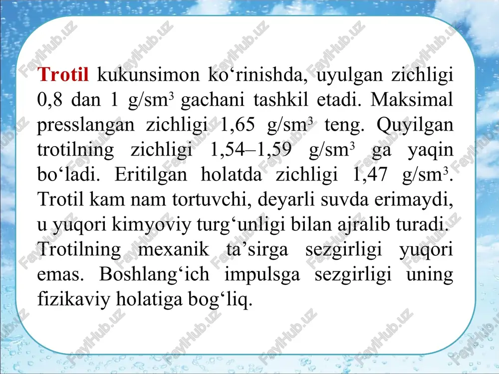 3800 detonatsiyalanish tezligi (m/s) zichligiga bog‘liq holda, g/sm3 1 4720 5600 6080 zichligiga bog‘liq holda, g/sm3 1.5 6650 7075 7780 zichligiga bog‘liq holda, g/sm3 1.6 6980 7400 8200 naftalinni nitratsiyalash mahsulidir. zavod sharoitida dinitronaftalinni mayda donadorli ko‘rinishda olinadi. u sariq yoki jigarrangli bo‘ladi. dinitronaftalin kuchsiz portlovchi modda bo‘lib, ishlash qobiliyati 100 sm3 gacha yetadi, detonatsiyalanish tezligi po‘lat quvur ichida 1140 m/s, kritik diametri 80 mm dan ko‘proq, brizantliligi zichligi 0,9 g/sm3 bo‘lganida 4 mm ga teng. dinitronaftalin naftalin etiborilar uchun raxmat! na kanistru.cdr