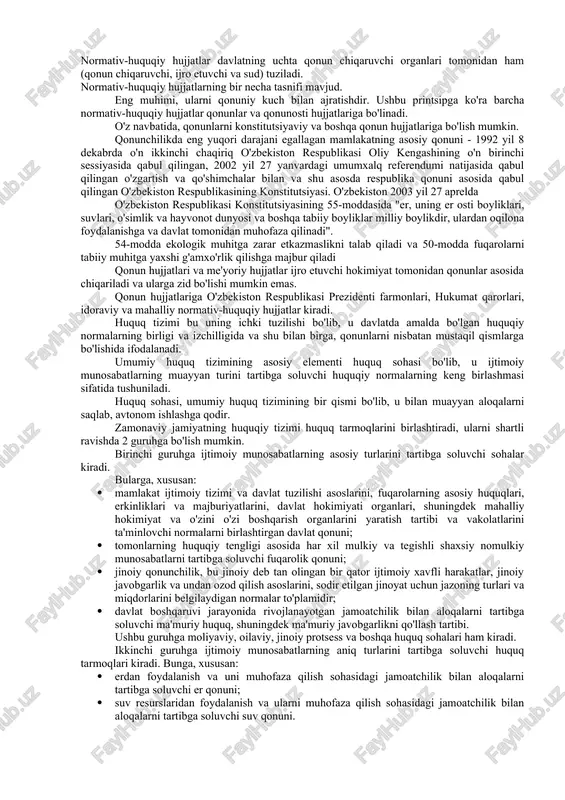 gan. huquqiy norma ushbu normaning kuchga kirishi shartlari va unga rioya qilish uchun majburiy choralar bilan uzviy bog'liqlikda xulq-atvor qoidalarini tartibga soladi. ushbu bog'liqlik normaning qaysi qismlaridan (elementlaridan) iboratligini va bu qismlarning (elementlarning) o'zaro bog'liqligini ko'rsatadigan huquqiy normaning tuzilishini tashkil qiladi. huquqiy norma tarkibida quyidagi qismlar ajratiladi: gipoteza — normaning amal qilish shartlarini belgilaydigan huquqiy normaning bir qismi (u murojaat qilinadigan sub'ektlar doirasi, ushbu me'yorni boshqarish kerak bo'lgan holatlar); moyillik — gipoteza bilan belgilanadigan sharoitlarda sub'ektning xulq-atvor qoidalarini belgilaydigan huquqiy normaning bir qismi; sanktsiya — dispozitsiyada nazarda tutilgan qoidani buzgani uchun sub'ektga nisbatan davlat tomonidan majburlash choralarini belgilaydigan huquqiy normaning bir qismi. huquqiy davlatning tuzilishi uni boshqa ijtimoiy munosabatlarni tartibga soluvchilardan ajratib turadi. huquq normalari turli sabablarga ko'ra ma'lum turlarga bo'linadi: · huquq sohalari bo'yicha (davlat, ma'muriy, jinoiy, fuqarolik va boshqa huquq sohalarining huquqiy normalari); · qonun normalarini bajaradigan funktsiyalar bo'yicha (normativ yoki himoya); · qonun normasida mavjud bo'lgan xulq-atvor …