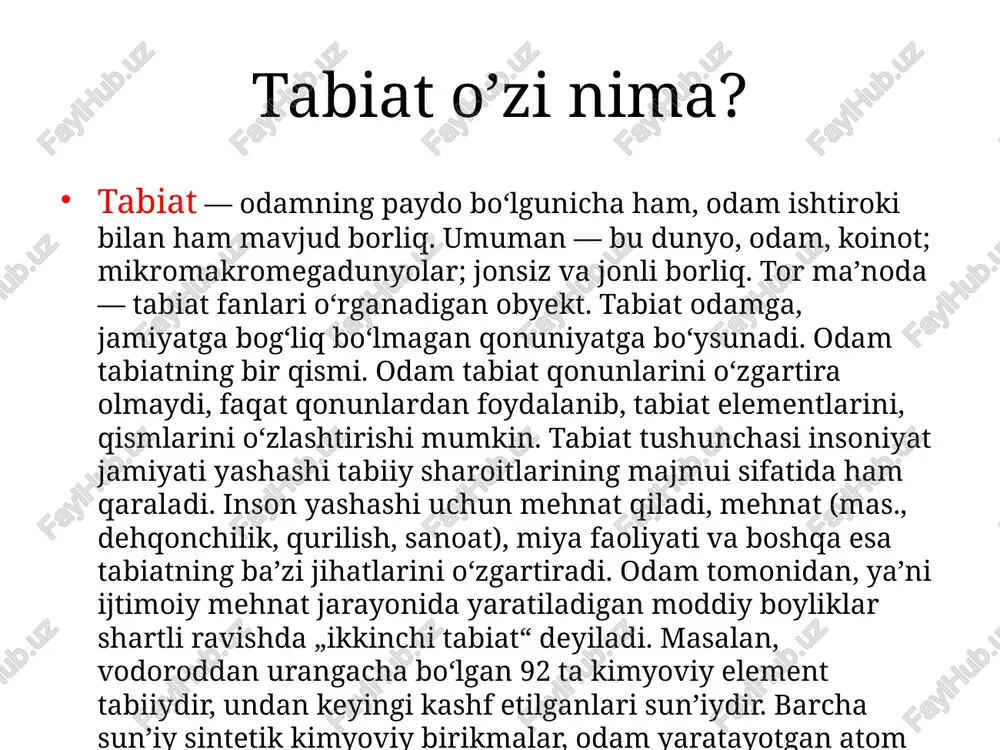 i ta’sir ko‘rsatmoqda va odamlarda terining xavfli o‘sma kasalligini kelib chiqishiga sabab bo‘lmoqda. ekologik omillar ekologik omillar o‘rmonlarning keragidan ortiq kesilishi, dengiz va daryo suvlariga noto‘g‘ri munosabat, yovvoyi tabiatni odam tomonidan uzluksiz o‘zlashtirilishi, yovvoyi o‘simlik va hayvon turlarining qirilishi – bularning hammasi tabiatdagi ekologik muvozanatning buzilishiga va ekologik muammolarning ko‘payishiga sabab bo‘lmoqda. odamning tashqi muhitga salbiy ta’sirini kamaytirishda bizga biologiyadan olgan bilimlarimiz yordam beradi. filmni ko`rib o`z xulosangizni bayon eting. mustahkamlash 1. insonlarning tabiatga ijobiy ta’sirini aytib bering. 2. odam tabiatga qanday salbiy ta’sir ko'rsatadi? 3. ozon tuynugining tirik organizmga qanday zarari bor? 4. qanday ekologik muammolarni bilasiz? 5. ekologik muammolarning oldini olish uchun nimalarga e’tibor qaratish lozim? mustahkamlash 1. odam barcha tirik organizmlar singari tashqi muhitdan ………..va………nimani qabul qiladi? 2. dehqonchilik va chorvachilikning rivojlanishi odamning doimiy … ega bo‘lishiga sabab bo‘lgan? 3. hayvonlarning yangi …… qanday zotlarini bilasiz? 4. odamning tabiatga salbiy ta’siri ortgani sari turli …. kelib chiqadi? …