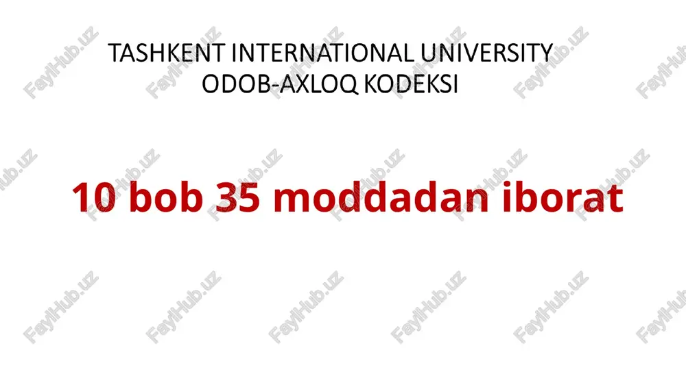 hiqishlar qilmaslik xodim, talaba va oliy ta’limdan keyin ta’lim oluvchilarning roziligisiz ularning shaxsiy hayotiga oid maʼlumotlarni oshkor qilmaslik talaba va oliy ta’limdan keyin ta’lim oluvchining oʻqishiga, xodimning esa universitetda mehnat faoliyatini yuritishiga toʻsqinlik qiladigan quyidagi gʻayriaxloqiy va nojoʻya xatti-harakatlarni sodir etishi qatʼiyan taqiqlanadi (16-modda) har qanday huquqbuzarlik yoki jinoyat sodir etish, jumladan, tuhmat qilish, haqoratlash; giyohvand moddalar, psixotrop, sintetik vositalar va ularning analoglari, alkogol va tamaki mahsulotlari, vayp, chilim, elektron sigaretlar va sarxush qiluvchi boshqa vosita hamda moddalarni isteʼmol qilish va tarqatish; tinchlik yoki osoyishtalikka qarshi tajovuz qilish, janjallashish, qimor va tavakkalchilikka asoslangan boshqa oʻyinlar oʻynash 21-modda. uyali aloqa vositalaridan foydalanish dars mashgʻulotlari vaqtida uyali aloqa vositalaridan foydalanish barcha uchun qatʼiyan taqiqlanadi. uyali aloqa vositalaridan foydalanishga zarur va uzrli holatlarda pedagog xodimning roziligi bilangina ruxsat etilishi mumkin. 26-modda. odob-axloqqa oid majburiyatlar doimo yuksaklikka intilish, halollik va adolat bilan hayot kechirish kabi olijanob fazilatlarni chuqur anglashga universitet obroʻ-eʼtibori va nufuziga dogʻ …