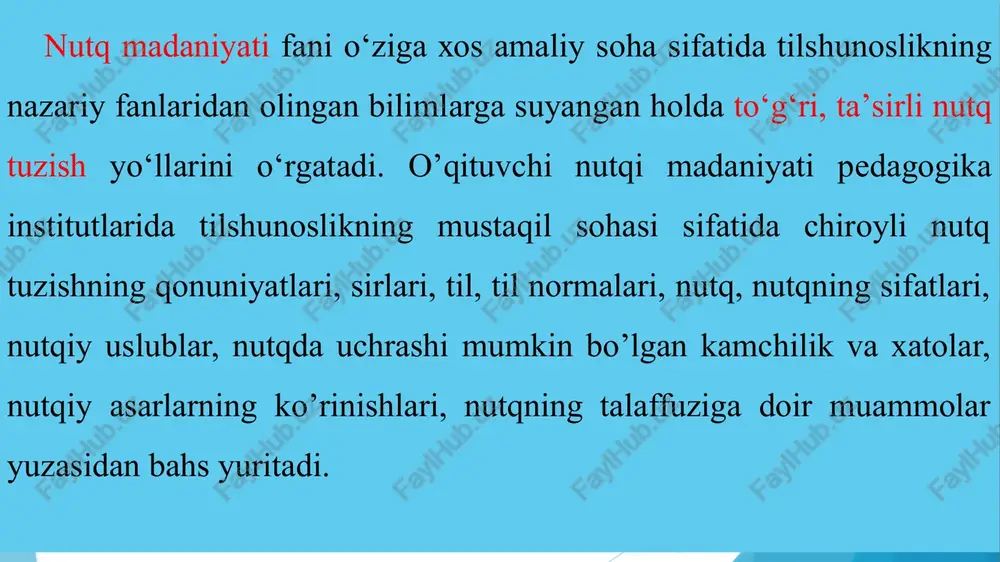 t-tashviqot ishlarining shu tilda olib borilishi uchun juda katta imkoniyat yaratdi. ayni vaqtda tilning ijtimoiy vazifasining bajarilish darajasini belgilovchi omillardan biri bo’lgan nutq madaniyati sohasini chuqurroq o‘rganish oldimizga qo‘yilgan muhim masalalardan biri hisoblanadi. birinchi prezidentimiz i.a.karimov ham bunga alohida etibor berib shunday degan: «g‘oyaga qarshi faqat g‘oya, fikrga qarshi faqat fikr, jaholatga qarshi faqat ma’rifat bilan bahsga kirishish, olishish mumkin». «o‘qituvchi va o‘quvchi munosabatidagi majburiy itoatkorlik o‘rnini ongli intizom egallashi juda qiyin kechyapti. o‘qituvchining bosh vazifasi o‘quvchilarda mustaqil fikr yuritish ko‘nikmalarini hosil qilishdan iboratligini ko‘pincha yaxshi tushunamiz, lekin, afsuski, amalda, tajribamizda unga rioya qilmaymiz. demokratik jamiyatda bolalar, umuman, har bir inson erkin fikrlaydigan etib tarbiyalanadi. agar bolalar erkin fikrlashni o‘rganmasa, berilgan ta’lim samarasi past bo‘lishi muqarrar. albatta, bilim kerak. ammo bilim o‘z yo‘liga. mustaqil fikrlash ham katta boylikdir». maktabda nutq tadbirkorligini singdirish o‘qituvchining bosh vazifasidir. nutq madaniyati haqidagi ta’limot qadimgi rim va afinada shakllangan bo‘lsa ham, unga qadar misr, assuriya, …