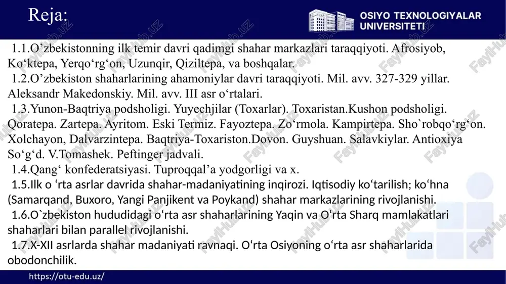 oqimidagi sarazm madaniyati bilan, quyi zarafshondan topilgan zamonbobo madaniyatlaridir. bu madaniyat sohiblari zarafshon vohasida ilk shaharsozlik madaniyatining shakllanishida katta ahamiyatga ega bo‘ldi hamda ilk temir davriga kelib mana shu qadimiy madaniyatlar asosida zarafshon vohasida o‘zida shaharsozlik belgilarini mujassamlashtirgan maskanlar paydo bo‘ldi va rivojlandi. 1.1. o‘zbekistonning ilk temir davri qadimgi shahar markazlari taraqqiyoti. yerqo‘rg‘on ikki qator mustahkam himoya devorlari bilan o‘ralgan bo‘lib, tashqi devorning hududi 150 gektarga yaqin, ichki devorning hududi esa 40 gektarga yaqin. mil. avv. ix-viii asrlarda yerqo‘rg‘on o‘rnida o‘troq aholi manzilgohi paydo bo‘ladi. so‘nggi ma’lumotlarga ko‘ra u mudofaa inshootlari bilan muhofaza etilgan bo‘lishi mumkin. yerqo‘rg‘on qazishmalarining ko‘pqatlamliligi miloddan avvalgi vii-vi asrlarda ko‘hna shahar hududi jadallik bilan o‘zlashtirilib borilganidan dalolat beradi. 1.1. o‘zbekistonning ilk temir davri qadimgi shahar markazlari taraqqiyoti. 1.2. o‘zbekiston shaharlarining ahamoniylar davri taraqqiyoti. mil. avv. 327-329 yillar. aleksandr makedonskiy. mil. avv. iii asr o‘rtalari. 1.2. o‘zbekiston shaharlarining ahamoniylar davri taraqqiyoti. ahamoniylar davri shaharsozligi masalalarining tahlili asosida …
