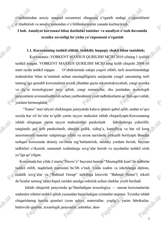 ayyor mahsulot ishlab chiqarilyapti.korxonaning ishlab chiqargan yarim tayyor mahsulotlari pardozlash fabrikalariga yuborilib, ranglanib, gul urib pardozlanib, ulardan gullik, sidirg’a, kamuflyaj va har xil keng assortimentli matolar xalqimizga sifatli va arzon narxlarda yetkazib berilyapti bundan tashqari korxonada doimiy ravishda rag’batlantirish, moddiy yordam berish, bayram tadbirlari o’tkazish, namunali xodimlarga sovg’alar berish va sayohatlar tashkil etish yo’lga qo’yilgan. korxonada har yilda 2 marta “navro’z” bayrami hamda “mustaqillik kuni”da tadbirlar tashkil etilib, taqdirlash marosimi bo’lib o’tadi. unda xodim va ishchilarga diplom, esdalik sovg’alar va “bahmal group” tarkibiga kiruvchi “bahmal home”( tekstil do’konlar tarmog’idan) bepul xaridni amalga oshirish uchun cheklar yozib beriladi. ishlab chiqarish jarayonida qo’llaniladigan texnologiya — sanoat korxonalarida mahsulot sifatini tashkil qilish yuzasidan bajariladigan xizmatlar majmui. texnika ishlab chiqarishning barcha qismlari (xom ashyo, materiallar, yoqilgʻi, yarim fabrikatlar, butlovchi qismlar, texnologik jarayonlar, asboblar, dast- goxlar, uskunalar, tayyor mahsulotlar va boshqalar) da qo’llaniladi. ishlab chiqarishda texnologiya ning asosiy vazifasi korxonalardagi nazorat operatsiyalarning bajarilishini, ishlab chiqarilayotgan …