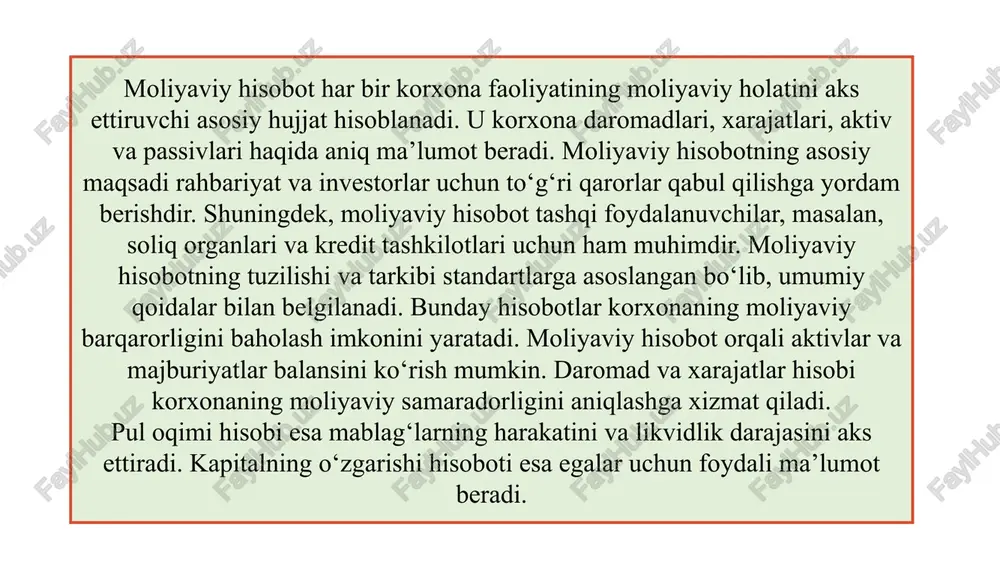 majburiyatlarini nazorat qiladi. moliyaviy hisobot foydalanuvchilarga qaror qabul qilish uchun ishonchli ma’lumot beradi. moliyaviy hisobotning asosiy tarkibiy qismlari balans korxonaning moliyaviy holatini ma’lum bir vaqt nuqtasida aks ettiradi. u aktivlar va passivlarning tafsilotli ro‘yxatidan iborat bo‘lib, korxonaning mol-mulkini va majburiyatlarini ko‘rsatadi. aktivlar korxona egalik qiladigan resurslarni, jumladan pul mablag‘lari, inventar va boshqa mulkni o‘z ichiga oladi. passivlar esa korxonaning qarz va boshqa majburiyatlarini hamda egalar sarmoyasini ko‘rsatadi. balansning asosiy vazifasi aktivlar va majburiyatlar muvozanatini ta’minlashdir. u korxonaning moliyaviy barqarorligini baholash imkonini beradi. balans tarkibida joriy va uzoq muddatli aktivlar ajratiladi. passivlar tarkibida esa joriy va uzoq muddatli majburiyatlar ko‘rsatiladi. balans foydalanuvchilarga korxona resurslarini va moliyaviy barqarorlik darajasini baholashga yordam beradi. shu bilan birga, balans qaror qabul qilish jarayonida asosiy axborot manbai sifatida xizmat qiladi. profit va zarar hisobi korxona daromadlari va xarajatlarini aks ettiradi va natijada foyda yoki zarar miqdorini aniqlashga yordam beradi. daromadlar mahsulot yoki xizmatlarni sotishdan tushgan mablag‘larni …