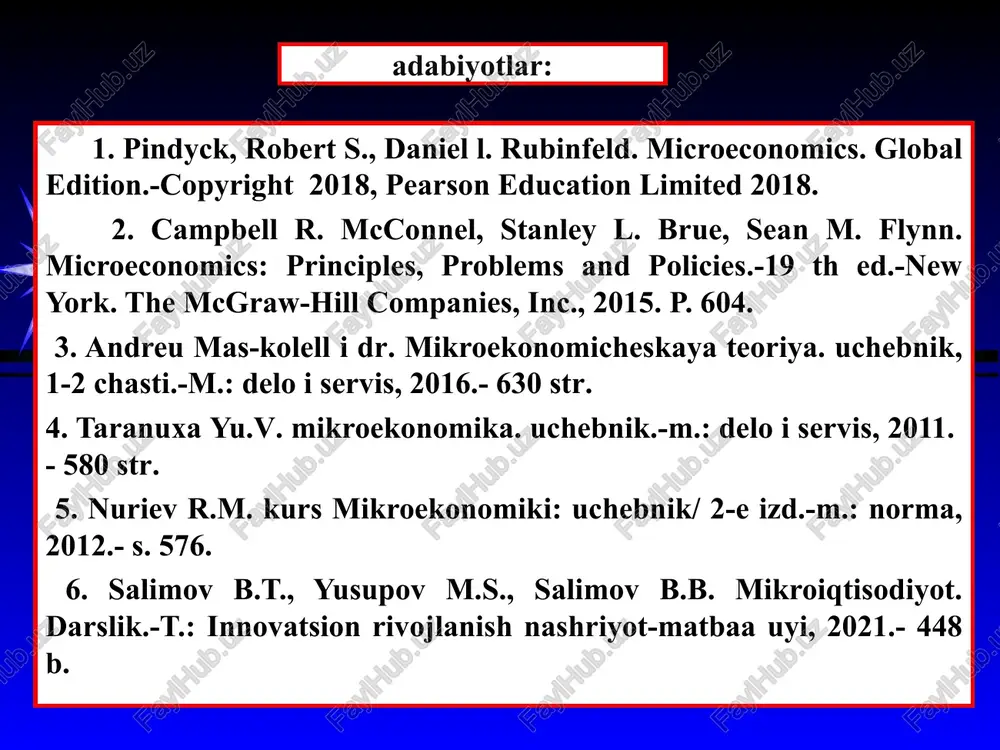liyati uchun zarur bo‘lgan ehtiyojlarni aks ettiradi. biz moddiy ehtiyojlarimizni qondirish va farovon hayot kechirishimiz uchun oziq-ovqatlarga, kiyim-kechaklarga, turli xil tovarlar va xizmatlarga ehtiyoj sezamiz. iqtisodiy ehtiyojlarni qondirish vositalari iqtisodiy ne`matlar deb ataladi. ayrim ne`matlarni insoniyatga tabiat iste`molga tayyor holatda in`om etgan bo‘lsa (masalan, suv, yovvoyi mevalar va hayvonlar), ayrimlarini takror ishlab chiqarish zarur bo‘ladi. bizning ehtiyojlarimizni qondirish uchun talab etiladigan aksariyat iqtisodiy ne`matlarni ishlab chiqarish zarur bo‘ladi. buning uchun esa ma`lum miqdordagi iqtisodiy resurslar, ya`ni er, ishchi kuchi, tadbirkorlik qobiliyati, boshqaruv malakasi, kapital, xomashyo va materiallar, axborot talab etiladi. iqtisodiy ehtiyojlarni qondirish maqsadida resurslardan foydalanib moddiy ne`matlar ishlab chiqarish jarayonini iqtisodiy tizim deb ataymiz.. * iqtisodiyotning bosh muammosi iqtisodiyotning bosh muammosi iqtisodiyot va samaradorlik: to‘la bandlik va ishlab chiqarishning to‘liq hajmi. jamiyat a`zolarining moddiy ehtiyojlari cheksiz va resurslarimiz cheklangan ekan, hech qachon cheksiz ehtiyojlarimizni to‘liq qondirish mumkin emas. shunday ekan, iqtisodchilar jamiyat ixtiyorida mavjud cheklangan (taqchil) resurslardan optimal foydalangan …