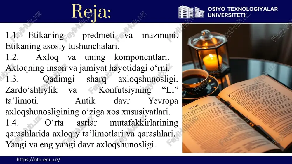 a, yoki ilohiy kuchga nisbatan axloqiy majburiyatlarini ifodalaydi. mas'uliyat insonning o'z xatti-harakatlarining oqibatlari uchun javobgarlikni o'z zimmasiga olishini bildiradi. 8 ilmiy qarashlarga ko'ra, axloq insonning ijtimoiy hayotda yashash tajribasi, turli xil qadriyatlar va me'yorlarning shakllanishi natijasida paydo bo'ladi. odamlarning bir-birlariga bo'lgan munosabatlari, jamiyatning tuzilishi va tarixiy rivojlanish axloqning shakllanishiga ta'sir qiladi. 1 biologik evolyutsiya biologik evolyutsiya jarayonida insonlar o'zaro hamkorlik qilish va bir-birlariga yordam berishga moyil bo'lib, bu ularning omon qolishi va rivojlanishiga yordam bergan. 2 ijtimoiy rivojlanish ijtimoiy rivojlanish jarayonida odamlar o'zaro munosabatlarini tartibga soluvchi qoidalar va me'yorlarni ishlab chiqishgan. bu qoidalar va me'yorlar axloqning shakllanishiga asos bo'lgan. 3 madaniy ta'sir madaniyatning ta'siri insonlarning xatti-harakatlariga, qadriyatlariga va maqsadlariga ta'sir qiladi. madaniy qadriyatlar va me'yorlar axloqiy me'yorlarning shakllanishiga ta'sir qiladi. 1.1. etikaning predmeti va mazmuni. etikaning asosiy tushunchalari. 9 ko'pgina dinlarda axloqning kelib chiqishi ilohiy marhamatga bog'liq deb hisoblanadi. dinlarning ta'limoti insonlarga axloqiy xulq-atvor qoidalarini va me'yorlarini belgilaydi. bu qoidalar …