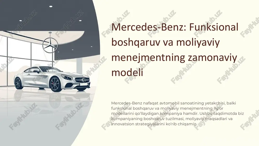 va s-class kabi brendning eng nufuzli modellarini doimiy takomillashtirish. global to‘g‘ridan- to‘g‘ri savdo modeli to‘g‘ri savdo savdo jarayonlarini optimallashtirish va yangi bozorlarga kirish orqali mijozlarga bevosita yetkazib berish tizimini kuchaytirish. https://gamma.app/?utm_source=made-with-gamma preencoded.png moliyaviy menejment va investitsiya qarorlari daimler financial services kompaniya mijozlariga ijara va kredit xizmatlari orqali moliyaviy yordam ko‘rsatadi, bu esa avtomobil sotuvini rag‘batlantiradi. yangi bozorlarga kirish yaqin sharq va afrika kabi rivojlanayotgan bozorlarda o‘z mavqeini mustahkamlash strategiyasi. moliyaviy nazorat va risklarni boshqarish tizimlari kompaniya moliyaviy barqarorlikni saqlash uchun qat’iy ichki nazorat va risklarni boshqarish mexanizmlarini qo‘llaydi. https://gamma.app/?utm_source=made-with-gamma preencoded.png mercedes-benz boshqaruv tizimining inson omili xodimlarning sadoqati va malakasi 2024 yilda xodimlarning sadoqati va malakasi kompaniya muvaffaqiyatining kaliti hisoblanadi. ichki konsultatsiya guruhi ushbu guruh kompaniya strategiyasini doimiy takomillashtiradi va ichki bilimlarni oshiradi. samarali hamkorlik boshqaruv kengashi va nazorat kengashi o‘rtasida samarali hamkorlik yuqori darajadagi boshqaruvni ta’minlaydi. https://gamma.app/?utm_source=made-with-gamma preencoded.png mercedes-benz moliyaviy menejmentining kelajagi barqarorlik va ekologik mas’uliyat karbon neytrallik va yashil …