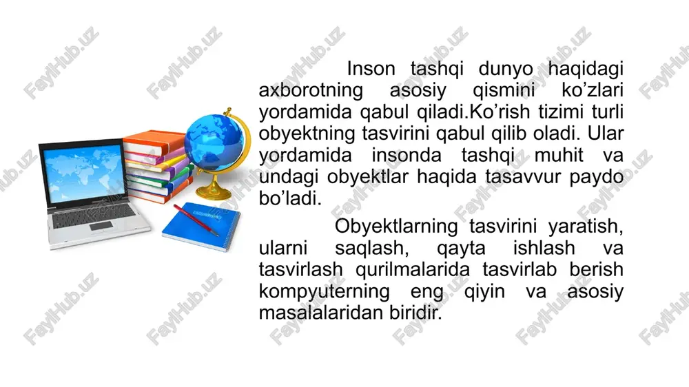 matsiyasi vaqt o’tishi bilan o’zgaradigan tasvirlar yaratadi. masalan, multfilmlar, videoclip va videoroliklar. multimedia mahsulotlari rasmlar va animatsiyalar bilan birga boshqa turdagi axborotlarni, masalan, ovoz va matinni ham o’z ichiga oladi. multimediaga yorqin misol sifatida butun olam to’ri www ni va undagi saytlar va sahifalarni keltirish mumkin. grafika turlari 1. ilmiy grafika. ilmiy izlanishlar va ularning natijalarini tasvirlash uchun. 2. tijorat grafikasi. iqtisodiy ko’rsatkichlar va jarayonlarni yaqqol ko’rsata bilish uchun xizmat qiladi. 3. konstruktorlik grafikasi. iqitsodiyot, texnika, qurilish va boshqa sohalarda loyihalash ishlarini osonlashtirish, yaxshilash jadallashtirish va avtomatlashtirishni taminlaydi. 4. illyustrativ grafika. xizmat ko’rsatishning turli sohalarida bezatish ishlarida foydalaniladi. 5. badiiy grafika. san’at asarlarini yaratishda keng qo’llaniladi. savol va topshiriqlar monitor, displey deb nimaga aytiladi? ularning qanday farqi bor? 2) piksel deganda nimani tushunasiz? 3) kompyuter grafikasinig turlari va sinflarini aytib bering. image1.png image2.jpeg image3.png image4.png image5.png image6.png image7.png image8.png /docprops/thumbnail.jpeg