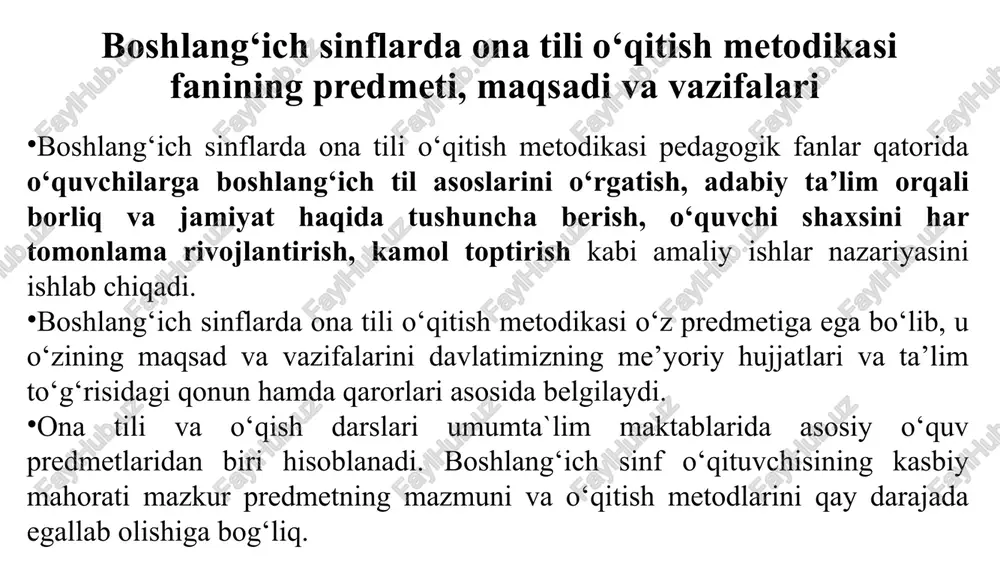ili o‘qitish metodikasining ham metodologik asosi sanaladi. umumiy bilish metodlari quyidagilardan iborat: a) empirik (muayyan tajribaga asoslangan) metod - amaliy metod nazariy bosqichga o‘tishda qo‘llaniladi; b) nazariy metod. xususiy yoki maxsus metodlarga ayrim fanlar doirasida qo‘llaniladigan metodlar kiradi. usul – biror ishni amalga oshirish yo‘li, harakat tarzi, xili, tartibini anglatadi. boshlang‘ich sinflarda til va adabiy ta’limni o‘qitish metodikasida amaliy metodlardan ham, nazariy metodlardan ham foydalanish tavsiya etiladi. amaliy metodlarga mavzu, matn va rasmlar yuzasidan savol hamda topshiriqlar tuzish, rasm asosida gap tuzish, matn mazmunini to‘ldirish, matn yaratish; matnni qismlarga bo‘lish, matnga reja tuzish; matnga sarlavha topish; matn bilan rasm o‘rtasidagi bog‘lanishni aniqlash, gap va matnning badiiy hamda lingvistik tahlili kabilar kiradi. boshlang‘ich sinflarda til va adabiy ta’limni o‘qitishda ta’lim vositasi istilohi ham bot-bot qo‘llanadi. “vosita” – arabcha so‘z bo‘1ib: 1) chora, tadbir, usul; 2) o‘rta, o‘rtadagi ma’nolarini bildiradi. ona tili ta’limida ta’limiy maqsadga erishish uchun xizmat qiladigan narsa - predmetlar, …
