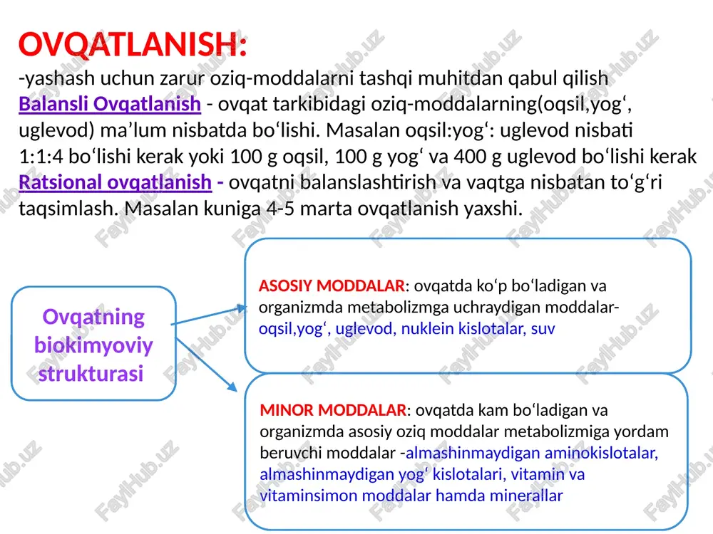 0-50 yosh orasi) -qari odamlarda katobolizm ustun turadi, shuning uchun vaqt oʻtib ularning jussasi kichiklashib boradi. (masalan 50 yoshdan katta odamlarda) *xona haroratida,tinch,uxlamagan holatda metabolizm normal koʻrsatkichlar boʻyicha kechadi. #metabolitik yoʻllar: - organizmga oʻzlashtirilgan moddalarning fermentativ oʻzgarishlar ketma-ketligini aks ettiruvchi chizma. qayerda kechishiga qarab 3 xil boʻladi: 1.markaziy(birlamchi) - asosiy oziq moddalarning (oqsil, yogʻ, uglevod) hamma hujayralarda oʻzgarishi 2.spetsefik(ikkilamchi)- faqat maxsus toʻqimalardagina kechuvchi yoʻllar, masalan bezlardan gormon, fermentlar sintezlanishi. 3.siklik- faqat mikroorganizmlarda boradi, bunda oksaloasetatdan energiya olinadi. shakliga koʻra metabolitik yoʻllar 3 xil boʻladi: chiziqli - masalan glikoliz halqali- masalan krebs sikli aralash - odam organizmida hamma metabolitik yoʻllar aralashib ketadi *metabolizm xaritasi- organizmdagi barcha metabolitik yoʻllarni oʻzida jamlovchi chizma. #metabolizm xaritasi va metabolitik yoʻllar: #metabolizmni oʻrganish usullari: -metabolizmni oʻrganish juda muhim ahamiyatga ega. bu orqali normal jarayonlarda oʻzgarishlar bor -yoʻqligini aniqlash mumkin. uni oʻrganishning 3 guruh usullari bor: 1. tirik organizmda oʻrganish( nishonlangan izotopli usul yoki in vivo)- organizmga …