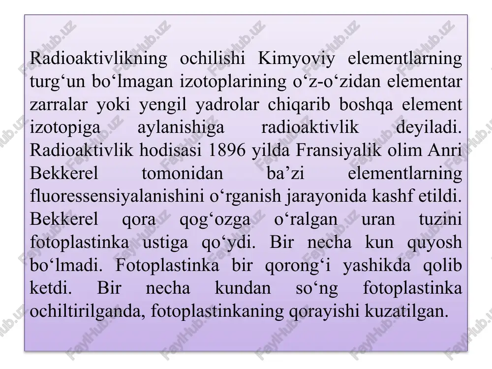 irlari radioaktiv oilalar yoki radioaktiv qatorlar deb yuritiladi. radioaktivlik hodisasiga qiziqib bir qator olimlar radioaktivlik ustida ishlay boshladilar. radioaktivlikni o‘rganishda mariya kyuri, piyer kyuri va rezerfordlar juda katta hajmdagi ishlarni bajardilar. mariya va piyer kyurilar toriy, poloniy, radiy va boshqa radioaktiv elementlarni topilishidagi ishlari uchun 1903 va 2011 yillarda ikki marta nobel mukofotini olishga sazovor bo‘ldilar. rezerford radioaktiv nurlanishlarning moddalarda yutilishini, bunda intensivlikning kamayishini, vaqt o‘tishi bilan radioaktiv element aktivligining eksponensial qonun bo‘yicha kamayishini, radioaktiv elementlar alfa, beta-nurlar chiqarib, boshqa elementlar izotoplariga aylanishini, radioaktiv izotoplarning yarim yemirilish davri t1/2 ni va yemirilish doimiyligi λ ni o‘z tajribalarida aniqladi. 1898 yilda rezerford ximik soddi bilan birgalikda radioaktiv elementlar chiqarayotgan nurlanishlarning magnit maydonda og‘ishini kashf qildi. rezerford magnit maydonda nurlanishlar dastasinining ajralishini va biri bir tomonga, ikkinchisi qarama-qarshi tomonga og‘ishini kuzatdi. bir tomonga og‘gan nurlanishlar α-alfa nurlanishlar, qarama-qarshi tomonga og‘gan nurlanishlar β-beta nurlanishlar deb ataldi keyinchalik 1900 yilda fransiyalik olim pol viyyar …