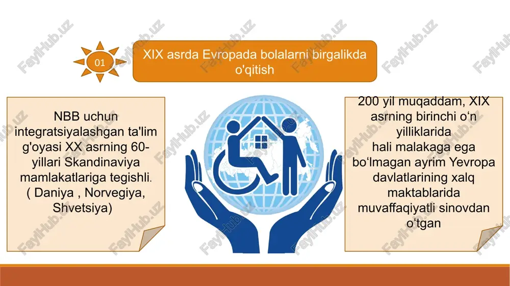 o'shimcha yordam olish muntazam va qo'shimcha dasturlarni birlashtirish imkoni (maktabda yoki maktabdan tashqarida) nbb maxsus sinfda o'qitish + umumiy ta'lim dasturining ayrim fanlarini tengdoshlari bilan birgalikda o'rganish. ta'lim maxsus sinfda va maxsus dastur bo'yicha + bola maktab miqyosidagi va bo'sh vaqt tadbirlarida ishtirok etadi !!! 1994- yilda yunesko shafeligida alohida ehtiyojli shaxslar ta'limi bo'yicha butunjahon konferensiyasi bo'lib o'tdi, unda inklyuziv ta'lim tamoyili e'lon qilindi. italiya 1971 sinov uchun hudud sinf rahbarini qo'llab-quvvatlash jamoasi mas'uliyatni ajratish jamiyat ma'rifati xarizmatik liderlarga ega 1977 sinfdagi bolalarning maksimal soni 20 nafar; sinfdagi rivojlanishida nuqsoni bo'lgan bolalarning maksimal soni - 2 ta; sinfda alohida ehtiyojli bolalarni qo'llab-quvvatlash uchun maxsus tadbirlar qo`shiladi; maxsus dasturlarga jalb qilingan sinflar kamaytiriladi; maxsus o'qituvchilar oddiy maktab o'qituvchilari bilan jamoalarga birlashtiriladi; ikkala toifadagi o'qituvchilar sinfdagi barcha o'quvchilar bilan muloqot qiladilar. maktabga qatnaydigan nogiron o'quvchilarni uchta asosiy guruhga bo'lish mumkin: 1 o'qish oxirida muntazam diplom oladigan, lekin o'quv dasturini sinfdoshlari bilan bajarish …