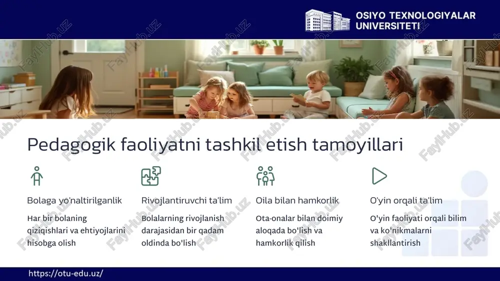 lim va ko'nikmalarini shakllantirish 3 ijtimoiy-hissiy tayyorgarlik bolalarning muloqot ko'nikmalarini rivojlantirish, o'z-o'zini boshqarish qobiliyatini shakllantirish 4 motivatsion tayyorgarlik bolalarda o'qishga qiziqish va ishtiyoqni shakllantirish 1.3 maktabgacha ta’lim tashkilotlaridagi pedagogik faoliyatlarni loyihalashtirishning o’ziga xos xususiyatlari. 11 bolalar xavfsizligini ta'minlash 1 xavfsiz muhit maktabgacha ta'lim muassasasida xavfsiz va qulay muhitni yaratish 2 qoidalarni o'rgatish bolalarga xavfsizlik qoidalarini tushuntirish va amalda qo'llashni o'rgatish 3 nazorat bolalarning faoliyatini doimiy ravishda kuzatib borish va nazorat qilish 4 favqulodda vaziyatlarga tayyorgarlik favqulodda vaziyatlarda to'g'ri harakat qilishni o'rgatish va mashq qilish 12 bolalar salomatligini saqlash sog'lom ovqatlanish bolalarga to'g'ri va muvozanatli ovqatlanishni ta'minlash jismoniy faollik muntazam jismoniy mashqlar va harakatli o'yinlarni tashkil etish to'g'ri kun tartibi bolalarning yetarli darajada dam olishi va uxlashini ta'minlash gigiyena shaxsiy gigiyena qoidalariga rioya qilishni o'rgatish 13 bolalar huquqlarini himoya qilish tenglik barcha bolalarga teng munosabatda bo'lish va kamsitishlarga yo'l qo'ymaslik hurmat har bir bolaning shaxsiyatini hurmat qilish va qadr-qimmatini saqlash himoya …