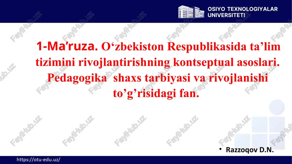 iste’dodning rag‘batlantirilishi; ta’lim tizimida davlat va jamoat boshqaruvining uyg‘unligi; ta’lim faoliyati sohasidagi ochiqlik va shaffoflik. 1.3. ta’lim tizimi va turlari. maktabgacha ta’lim va tarbiya; umumiy o‘rta va o‘rta maxsus ta’lim; professional ta’lim; 15 oliy ta’lim; oliy ta’limdan keyingi ta’lim; kadrlarni qayta tayyorlash va ularning malakasini oshirish; maktabdan tashqari ta’lim. ta’lim olish shakllari ishlab chiqarishdan ajralmagan holda sirtqi, kechki, masofaviy ishlab chiqarishdan ajralgan holda kunduzgi ta’limning tashkiliy shakllari ta’lim shakllari sinf-dars ekskursiya laboratoriya 1.4.pedagogika fani va uning asosiy kategoriyalari. pedagogika ijtimoiy fanlar tizimiga kiruvchi fan sanalib, yosh avlod hamda kattalarni milliy istiqlol g`oyalari asosida tarbiyalash, unga ta’lim berish muammolarini o`rganadi. pedagogika fani shaxsni rivojlantirishning ikki muhim jihati – uni o`qitish va tarbiyalashga asosiy e’tiborni qaratganligi bois didaktika (ta’lim nazariyasi) va tarbiya nazariyasi fanning muhim tarkibiy qismlari hisoblanadi. pedagogika (yunoncha paidagogike bo’lib, paida - «bola» va gogike — «yetaklayman») ijtimoiy tarbiyaning umumiy qonuniyatlari, muayyan jamiyatda yagona ijtimoiy maqsadga muvofiq yosh avlodni tarbiyalash …