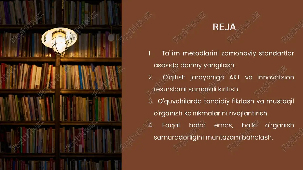 anlanadi. metodik yo‘nalishning asosiy vazifalari dars metodlarini to‘g‘ri tanlash har bir mavzu va maqsadga mos usullarni qo‘llash (tushuntirish, muhokama, loyiha asosida o‘qitish, rolli o‘yinlar va b.). ta’lim texnologiyalarini joriy etish interaktiv, innovatsion va axborot texnologiyalarini darsga tatbiq qilish. o‘qitish shakllarini moslashtirish individual, juftlikda, guruhda ishlash, mustaqil ta’lim va masofaviy ta’lim shakllaridan foydalanish. baholash usullarini aniqlash o‘quvchilarning o‘zlashtirishini aniqlash uchun zamonaviy baholash vositalarini qo‘llash (test, reyting, portfel, og‘zaki savol-javob). o‘quvchilarda faollikni shakllantirish darslarda ularning mustaqil fikrlashini, tashabbuskorligini va qiziqishini rag‘batlantirish. innovatsion yo‘nalish – bu o‘qituvchining dars jarayonida yangilik yaratish, joriy qilish va samarali tatbiq etishga qaratilgan faoliyati bo‘lib, ta’lim sifatini oshirishga xizmat qiladi. innovatsion yo‘nalish: ilg‘or pedagogik texnologiyalarni qo‘llash, raqamli vositalardan foydalanish, interaktiv va ijodiy metodlarni tatbiq etish, o‘quvchilarni mustaqil o‘rganishga yo‘naltirish, ta’limning shaxsga yo‘naltirilgan modelini yaratishni o‘z ichiga oladi. innovatsion yo‘nalish tushunchasi ta’lim sifatini oshirish – yangi metodlar orqali o‘quvchilar bilimini mustahkamlash. o‘quvchilarni faol ishtirokchiga aylantirish – ularni dars jarayonida …