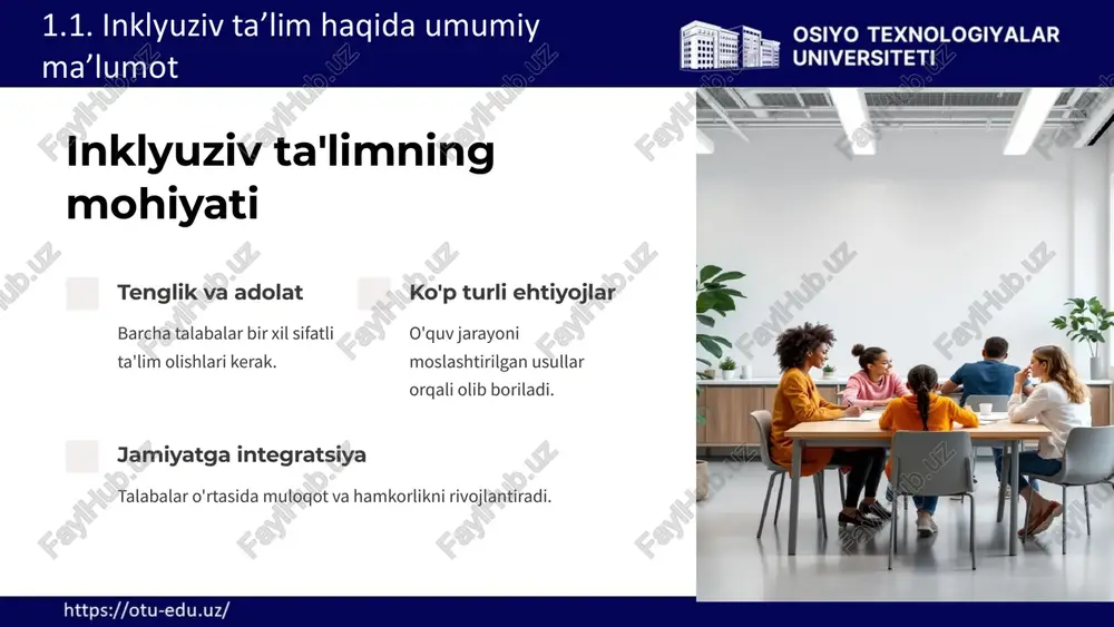 ta’limdagi muammolar va yondashuvlar. 13 ijtimoiy va madaniy to'sqinliklar stereotiplar jamiyatda nogironlar va o'ziga xos ehtiyojli bolalar haqida noto'g'ri tasavvurlar mavjud. diskriminatsiya ba'zi hollarda alohida ehtiyojli bolalarga nisbatan ijtimoiy kamsitish kuzatiladi. 1.3.inklyuziv ta’limdagi muammolar va yondashuvlar. 14 inklyuziv ta'limni rivojlantirishning shartlari 1 ta'lim resurslarini yaxshilash maxsus ta'lim resurslarini kengaytirish va yetkazish. 2 o'qituvchilarni tayyorlash inklyuziv ta'lim metodikalarini o'rgatish uchun treninglar tashkil etish. 3 ijtimoiy va madaniy o'zgarishlar jamiyatda nogironlarga nisbatan qarashlarni o'zgartirish. 4 infrastrukturani yaxshilash maktablarning jismoniy infratuzilmasini moslashtirilgan. 1.4.inklyuziv ta’limni rivojlantirishning shartlari 15 ta'lim resurslarini yaxshilash maxsus kitoblar moslashtirilgan o'quv qo'llanmalari va kitoblar. texnologiyalar maxsus kompyuter dasturlari va qurilmalar. yordamchi vositalar jismoniy va sensorli ehtiyojlar uchun moslamalar. 1.4.inklyuziv ta’limni rivojlantirishning shartlari 16 o'qituvchilarni tayyorlash va malakasini oshirish 1 nazariy bilimlar inklyuziv ta'lim metodologiyasi va psixologiyasi bo'yicha ma'ruzalar. 2 amaliy ko'nikmalar maxsus ehtiyojli bolalar bilan ishlash bo'yicha amaliy mashg'ulotlar. 3 tajriba almashish tajribali mutaxassislar bilan seminarlar va master-klasslar. 4 doimiy …