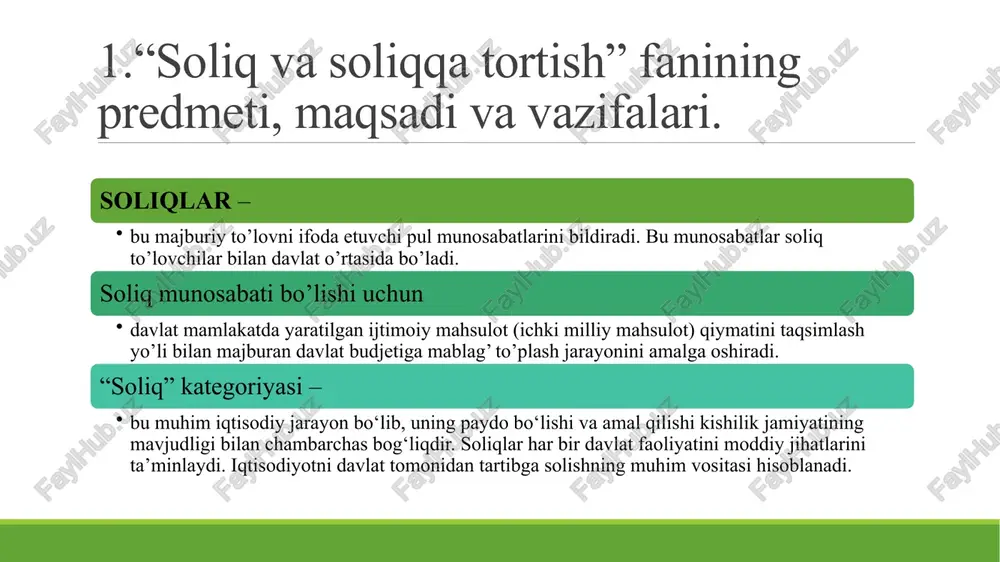 butun ob’ektni qismlarga ajratish va ularni izchillik bilan tahlil qilish, bo‘lsa, sintez esa, o‘rganilgan qismlardan olingan xulosa va natijalarni bir butun yaxlit jarayon deb qarab, umumiy xulosa chiqarishdir. soliqlarni davrlar bo‘yicha taqqoslash, ulardan tushumlarni jadvallar orqali ifodalash, o‘zgarishlarni aniqlash, ularga nazariy jihatdan baho berish, soliqlarning boshqa iqtisodiy kategoriyalarga ta’sirini grafik usulida tasvirlash va shu kabilardir. masalan, soliqlar o‘zgarishini yalpi talab va yalpi taklifga ta’sirini mana shu usul bilan ifodalash mumkin. 3.soliq tizimi haqida tushuncha va uning mohiyati. soliq tizimi — bu davlatning moliyaviy siyosatining asosiy elementi bo‘lib, soliqlarning turlari, ularni belgilash, undirish va boshqarish mexanizmlaridan iborat kompleksni tashkil etadi. soliq tizimi davlatning moliyaviy resurslarini shakllantirish, iqtisodiyotni boshqarish va ijtimoiy barqarorlikni ta’minlash maqsadida yaratiladi. soliq tizimi davlat tomonidan qonunchilik asosida tashkil qilinadi va soliqlar orqali byudjetga mablag‘ yig‘ish, iqtisodiy faollikni rag‘batlantirish yoki cheklash kabi funksiyalarni amalga oshiradi. soliq tizimining mohiyati soliq tizimining mohiyati davlat va jamiyat manfaatlariga xizmat qiluvchi iqtisodiy, moliyaviy …