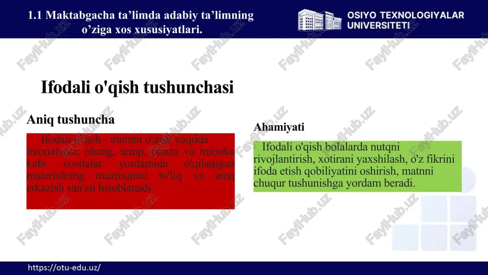 ish ko'nikmalarini va ifoda etish qobiliyatlarini rivojlantiradilar. nutq mashqlari o'qituvchi bolalarga turli xil nutq mashqlarini beradi, ohangni o'zgartirishni, intonatsiyani qo'llashni o'rganadilar. 1.3. maktabgacha ta’lim muassalarida tarbiyalanuvchilarda shaxslik sifatlarini shakllantirish. 8 mtt da ta'lim va tarbiya jarayonining maqsad va vazifalari 1 maqsad yosh bolalarni har tomonlama rivojlantirish, ularning jismoniy, ruhiy, axloqiy va ijtimoiy qobiliyatlarini shakllantirish. 2 vazifalar bola shaxsini har tomonlama rivojlantirish va uni maktabga tayyorlash. 1.3. maktabgacha ta’lim muassalarida tarbiyalanuvchilarda shaxslik sifatlarini shakllantirish 9 maktabgacha ta'lim muassasalarida ta'lim va tarbiya jarayonining maqsadi bolalrni jismoiy,ruhiy aqliy va ijtimoiy jihatdan shakllantirish. bolalarda o'z fikrini ifoda etish, muloqot qilish, muammolarni yechish qobiliyatlarini rivojlantirish. ijtimoiy moslashuvchanlikni shakllantirish bolalarda o'rganishga bo'lgan qiziqishni kuchaytirib, ularni ta'lim jarayoniga jalb qilish. 1.3. maktabgacha ta’lim muassalarida tarbiyalanuvchilarda shaxslik sifatlarini shakllantirish bolalarni jamoada ish qilish, o'zaro muloqot qilish, qoidalarga amal qilishga o'rgatish. 10 ta'lim va tarbiya jarayonining umumilmiy tamoyillari ta'lim va tarbiya jarayoni ilmiy asoslarga qurilishi kerak, bolalarning yoshi va …