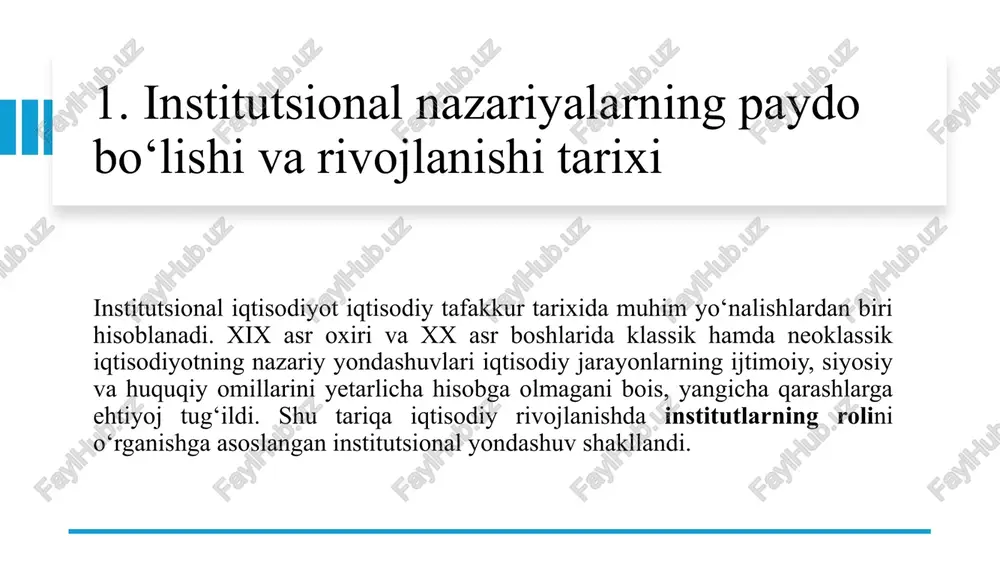 erak. neoklassik iqtisodiyot aynan shu yondashuvga tayanadi. misol: agar non narxi oshsa, odamlar oqilona tanlov qilib kamroq non sotib oladi → umumiy talab pasayadi. metodologik xolizm bu yondashuvga ko‘ra: ijtimoiy hodisalarni tushuntirish uchun butun tizimni (jamiyat, institutlar, madaniyat, davlat) o‘rganish kerak. institutsional iqtisodiyot ko‘proq shu yondashuvga tayangan. misol: non narxi faqat individlarning qarori bilan emas, balki davlat subsidiyasi, diniy urf-odatlar, qonuniy cheklovlar bilan belgilanadi. neoinstitutsional iqtisodiyot metodologik individualizm – iqtisodiy jarayonlarni individ darajasida tushuntiradi. metodologik xolizm – iqtisodiy jarayonlarni tizim (institutlar) darajasida tushuntiradi. individlar qaror qiladi → lekin u qarorlar institutlar tomonidan cheklangan yoki shakllantirilgan. metodologik asoslari: 1. institutsional yondashuv – iqtisodiy hayotni tushunishda shaxsiy manfaat emas, balki jamiyatda shakllangan institutlarning ta’siri birlamchi hisoblanadi. 2. iqtisodiy va ijtimoiy omillar birligi – iqtisodiy rivojlanish siyosiy, huquqiy, madaniy va psixologik omillardan ajralmagan holda ko‘riladi. 3. tarixiylik – iqtisodiy tizimlar va institutlar vaqt o‘tishi bilan rivojlanadi, o‘zgaradi va yangilanadi. 4. davlatning faol roli …