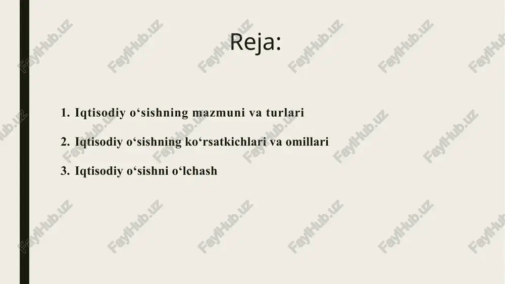 esurslar talab darajasi. aholining umumiy farovonlik darajasi. iqtisodiy o‘sishda resurslarni taqsimlash omillari ham o‘z o‘rniga ega bo‘lsada, bu muammoni tahlil qilishda asosiy e’tibor taklif omillariga qaratilishi zarur. bu avvalo, mehnat unumdorligining o‘sishiga olib keluvchi omillardir. fan — texnik taraqqiyoti mehnat unumdorligi va iqtisodiy o‘sishni ta’minlovchi muhim omil hisoblanadi. texnik taraqqiyoti o‘z ichiga nafaqat ishlab chiqarishning butunlay yangi usullarini, balki boshqarish va ishlab chiqarishni tashkil qilishning yangi shakllarini ham oladi. 1.3. iqtisodiy o‘sishni o‘lchash iqtisodiy o‘sish nafaqat mamlakat real daromadlarining o‘sishi, shuningdek, jon boshiga to‘g‘ri keladigan real daromadlarning o‘sishini ham anglatadi. shu sababli ham iqtisodiy o‘sish ikki xil usul bilan o‘lchanadi. birinchi usulda iqtisodiy o‘sish real yaimni o‘tgan davrga nisbatan o‘zgarishi sifatida aniqlanadi va mamlakatning umumiqtisodiy imkoniyatlari dinamikasini aniqlash uchun ishlatiladi. bunda, joriy yildagi real yaim (yt) hajmining bazis yildagiga (yt-1) (asosan oldingi yilga) nisbatan foiz ko‘rinishidagi o‘sishi aniqlanadi, ya’ni: yt io = ------------ x 100 yt-1 ikkinchi usulda iqtisodiy o‘sish …