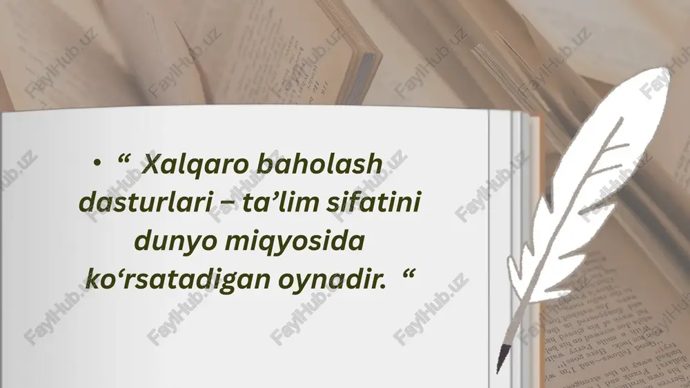 yaratdi. timss timss (trends in international mathematics and science study) — bu xalqaro ta’lim tadqiqoti bo‘lib, 1995-yildan buyon har to‘rt yilda bir marotaba o‘tkazib kelinadi. dastur iea (international association for the evaluation of educational achievement) – ta’lim yutuqlarini baholash xalqaro assotsiatsiyasi tomonidan tashkil etilgan. timss dasturi maktab o‘quvchilarining matematika va tabiiy fanlardan bilimlarini xalqaro darajada solishtirishga qaratilgan. uning asosiy vazifasi — o‘quv dasturlarining samaradorligini aniqlash, turli mamlakatlarda ta’lim sifatini baholash hamda ta’lim siyosatiga ilmiy asos yaratish. timss tarixiy rivojlanishi 1995 – dastlabki baholash (41 mamlakat ishtirok etgan). 1999 – ikkinchi bosqich, ishtirokchilar soni ko‘paygan. 2003, 2007, 2011, 2015, 2019 – muntazam ravishda davom ettirilgan. 2023 – so‘nggi bosqich, raqamli test shaklida o‘tkazildi. bugungi kunda timss dunyoning 70 dan ortiq mamlakatlarida o‘tkazilmoqda. timss natijalari va ta’siri timss natijalarida yuqori o‘rinlarni asosan sharqiy osiyo mamlakatlari – singapur, koreya, yaponiya, xitoy egallab kelmoqda. natijalar ta’lim tizimida kuchli va zaif tomonlarni aniqlashga yordam beradi. …