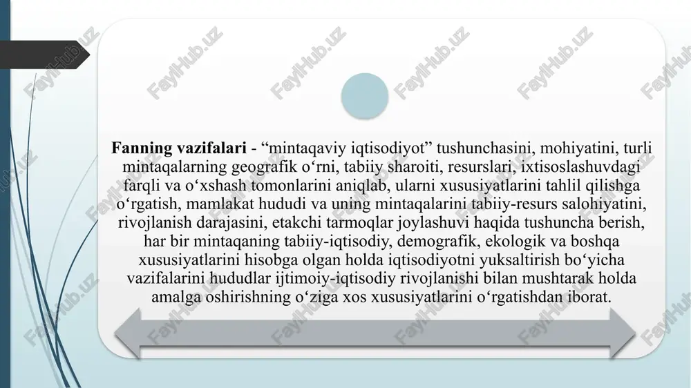 faoliyatning diversifikatsiyasi ish o'rinlari yaratish yaqin atrofdagi mintaqalar bilan hamkorlik milliy daromadni oshirish har bir mintaqaning o'ziga xos xususiyatlarini inobatga olib, maqsadli rivojlanish strategiyalarini ishlab chiqish, milliy iqtisodiyotning barqaror o'sishini ta'minlash uchun zarur. milliy iqtisodiyotni rivojlantirishda mintaqaviy xususiyatlarni hisobga olish, maqsadli rivojlanish strategiyalarini ishlab chiqishga yordam beradi. bu strategiyalar quyidagilarni o'z ichiga olishi mumkin: tabiiy resurslarni samarali ishlatish sanoatni modernizatsiya qilish kichik va o'rta biznesni rivojlantirish infratuzilmani yaxshilash ta'lim va sog'liqni saqlash sohalarini rivojlantirish ijtimoiy muammolarni hal qilish mintaqaviy rivojlanish strategiyasi mamlakatning umumiy iqtisodiy maqsadlariga muvofiq bo'lishi kerak. bu strategiyalarni amalga oshirish, mintaqalarning iqtisodiy potentsialini to'liq ro'yobga chiqarishga va milliy iqtisodiyotni rivojlantirishga yordam beradi. mintaqaviy rivojlanish strategiyalari mintaqalar o'rtasidagi hamkorlik mintaqalar o'rtasidagi hamkorlik milliy iqtisodiyotni rivojlantirishda muhim rol o'ynaydi. bu hamkorlik turli sohalarda amalga oshirilishi mumkin, masalan: resurslarni birgalikda ishlatish sanoat va xizmat ko'rsatish sohalarini birlashtirish logistika va infratuzilma sohalarini rivojlantirish madaniy almashinuvlar turistlikni rivojlantirish mintaqalar o'rtasidagi hamkorlik samaradorligini oshirish, …