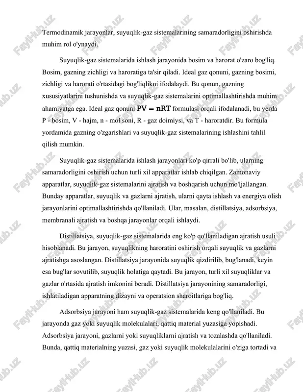 latsiya jarayonining samaradorligi, ishlatiladigan apparatning dizayni va operatsion sharoitlariga bog'liq. adsorbsiya jarayoni ham suyuqlik-gaz sistemalarida keng qo'llaniladi. bu jarayonda gaz yoki suyuqlik molekulalari, qattiq material yuzasiga yopishadi. adsorbsiya jarayoni, gazlarni yoki suyuqliklarni ajratish va tozalashda qo'llaniladi. bunda, qattiq materialning yuzasi, gaz yoki suyuqlik molekulalarini o'ziga tortadi va ularni ajratadi. adsorbsiya jarayoni, filtratsiya va boshqa tozalash jarayonlari bilan birgalikda qo'llanilishi mumkin. membranali ajratish jarayoni, suyuqlik-gaz sistemalarida yangi va samarali usullardan biridir. bu jarayon, suyuqlik yoki gazlarni, maxsus membranalar orqali ajratishga asoslangan. membranalar, faqat ma'lum molekulalarni o'tkazish imkonini beradi, bu esa suyuqlik va gazlarni ajratishda samarali usul hisoblanadi. membranali ajratish jarayoni, energiya sarfini kamaytirish va samaradorlikni oshirishda muhim ahamiyatga ega. suyuqlik-gaz sistemalarining ishlash prinsiplari, ularning samaradorligini oshirish va yangi texnologiyalarni ishlab chiqishda muhim rol o'ynaydi. zamonaviy apparatlar va usullar, suyuqlik-gaz sistemalarini ajratishda va boshqarishda yangi imkoniyatlar yaratadi. ularning samaradorligi va ishlash prinsiplari, energiya tejash va atrof-muhitni muhofaza qilish maqsadida doimiy ravishda takomillashtirilmoqda. …