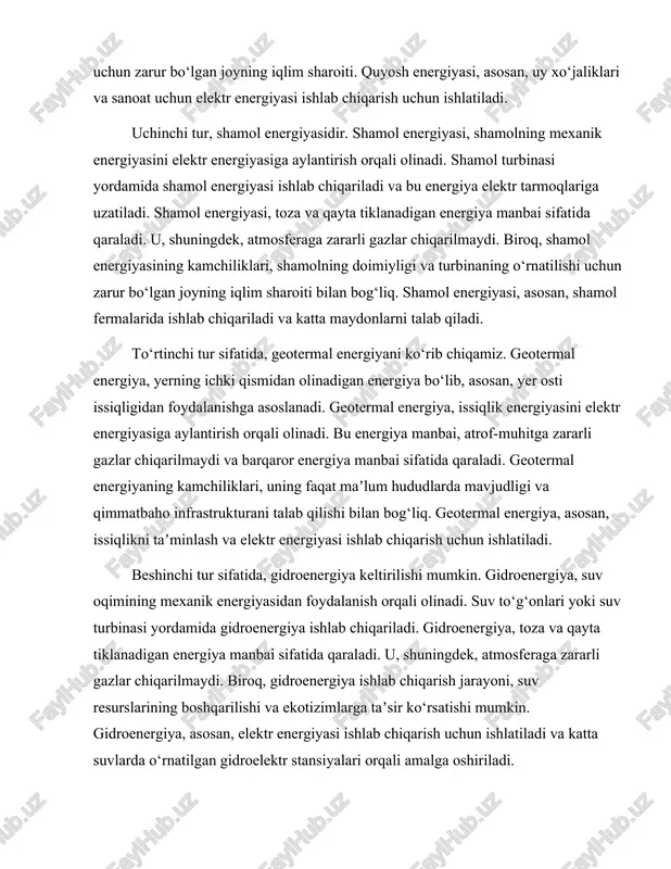 gdek, atmosferaga zararli gazlar chiqarilmaydi. biroq, gidroenergiya ishlab chiqarish jarayoni, suv resurslarining boshqarilishi va ekotizimlarga taʼsir ko‘rsatishi mumkin. gidroenergiya, asosan, elektr energiyasi ishlab chiqarish uchun ishlatiladi va katta suvlarda o‘rnatilgan gidroelektr stansiyalari orqali amalga oshiriladi. oltinchi tur sifatida, vodorod energiyasini ko‘rib chiqamiz. vodorod energiyasi, vodorod gazining energiyasidan foydalanish orqali olinadi. vodorod, energiya manbai sifatida, suvni elektroliz qilish orqali yoki organik materiallarni qayta ishlash orqali olinadi. vodorod energiyasi, yonish jarayonida faqat suv bug‘ini chiqaradi, shuning uchun u atrof-muhitga zarar yetkazmaydi. biroq, vodorod energiyasining ishlab chiqarish jarayoni va saqlanishi qiyin va qimmat bo‘lishi mumkin. vodorod energiyasi, transport vositalarida yoqilg‘i sifatida va elektr energiyasi ishlab chiqarishda ishlatilishi mumkin. yettinchi tur sifatida, sintetik yonilg‘ilarni ko‘rib chiqamiz. sintetik yonilg‘ilar, tabiiy gaz, ko‘mir yoki boshqa organik materiallardan kimyoviy jarayonlar orqali ishlab chiqariladi. ular, anʼanaviy yonilg‘ilarga o‘xshab, energiya ishlab chiqarish uchun ishlatiladi. sintetik yonilg‘ilar, atrof-muhitga zararli gazlar chiqarishi mumkin, lekin ularni ishlab chiqarish jarayonida qayta tiklanadigan resurslardan …